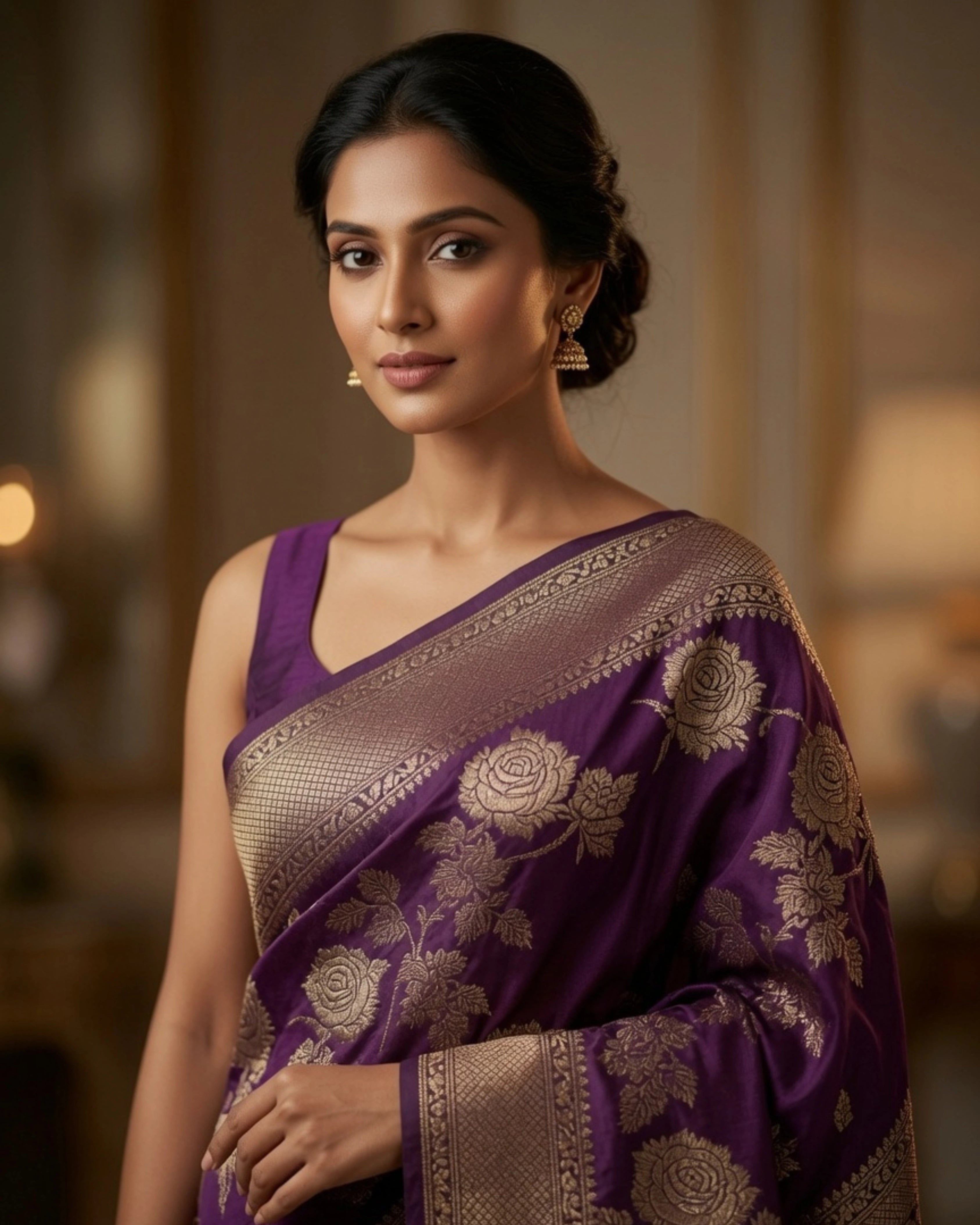 Dark Purple Pure Banarasi Silk Saree with All-Over Gold Zari Floral Design and Matching Blouse