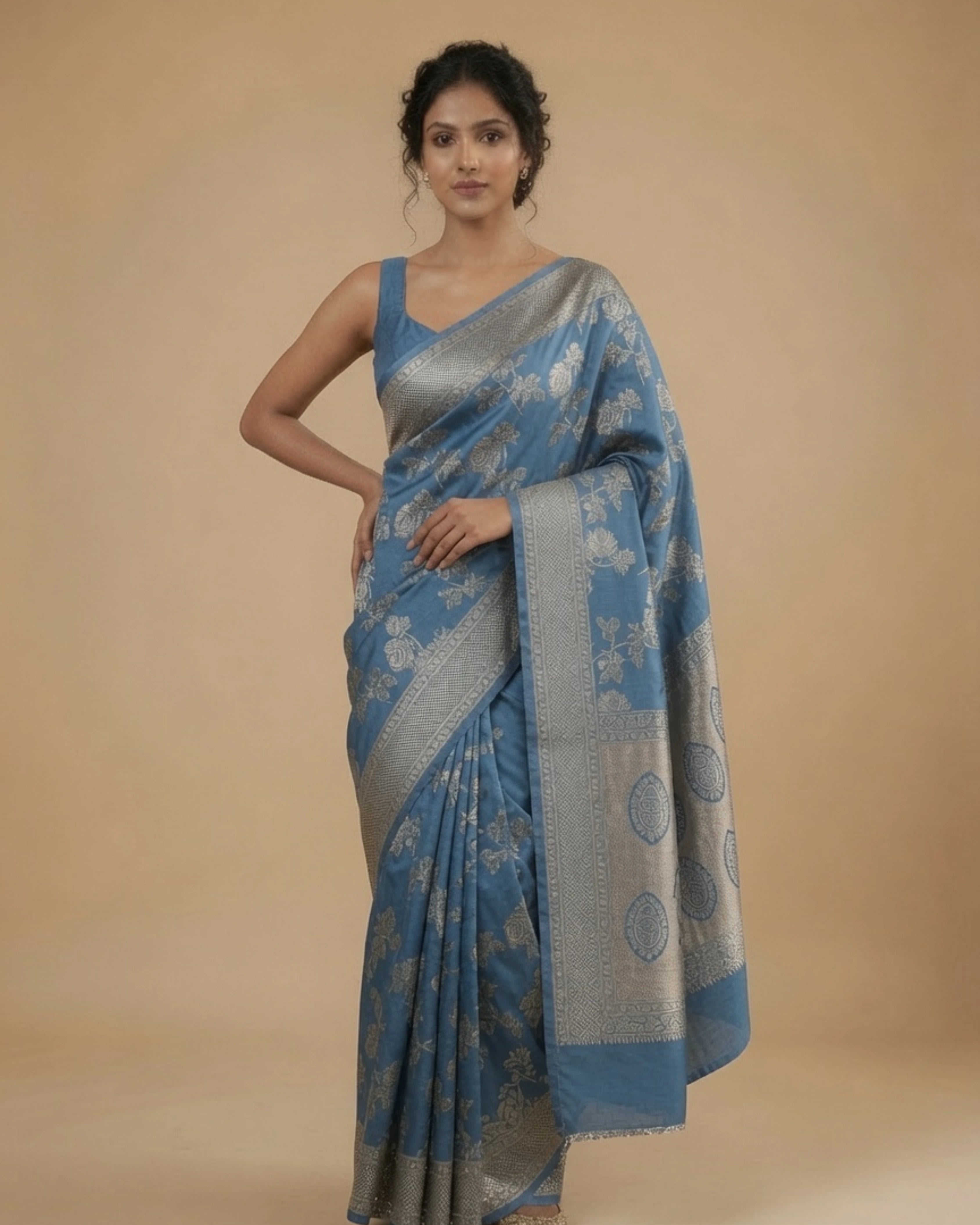 Sky Blue Pure Banarasi Silk Saree with All-Over Gold Zari Floral Design and Matching Blouse
