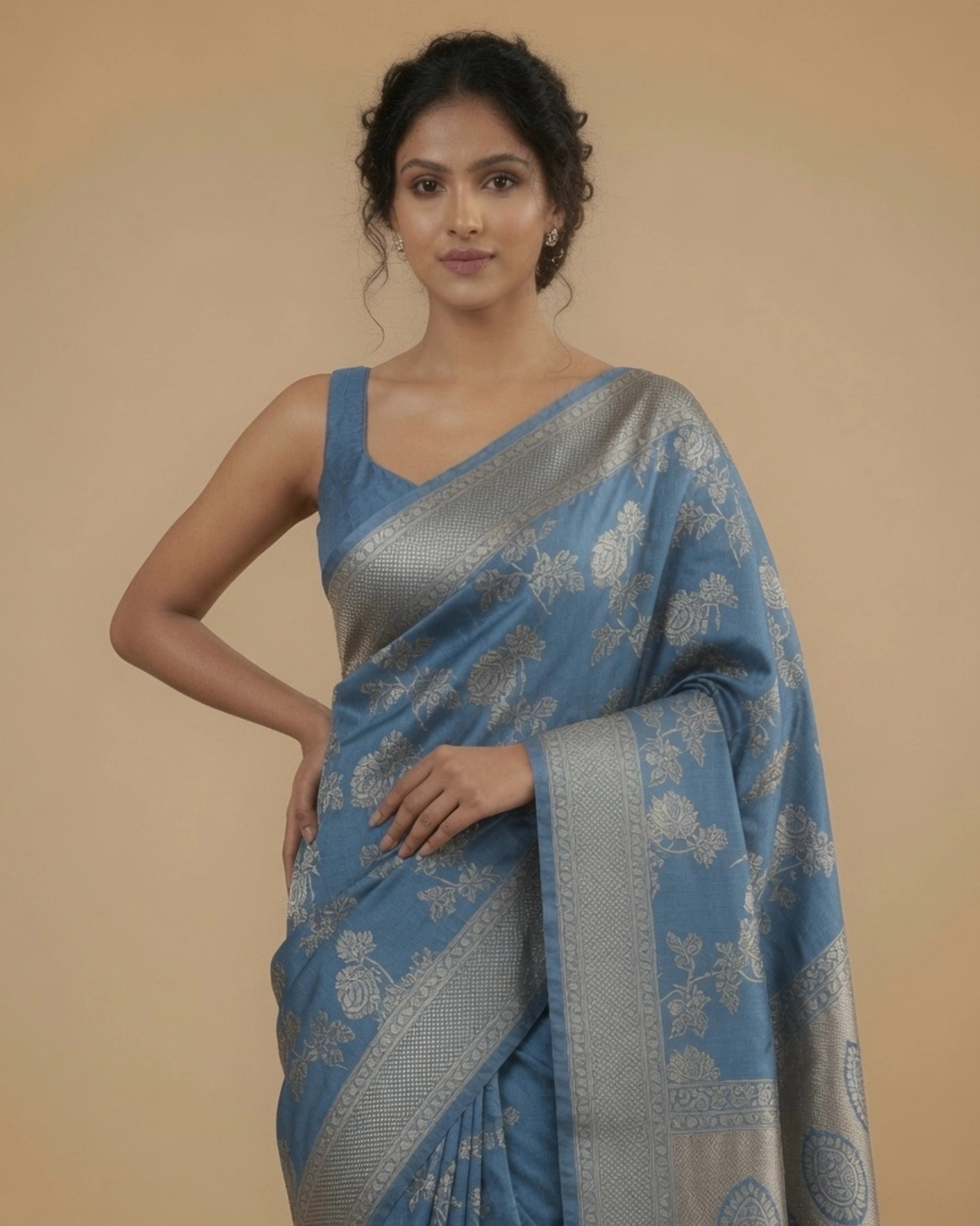 Sky Blue Pure Banarasi Silk Saree with All-Over Gold Zari Floral Design and Matching Blouse