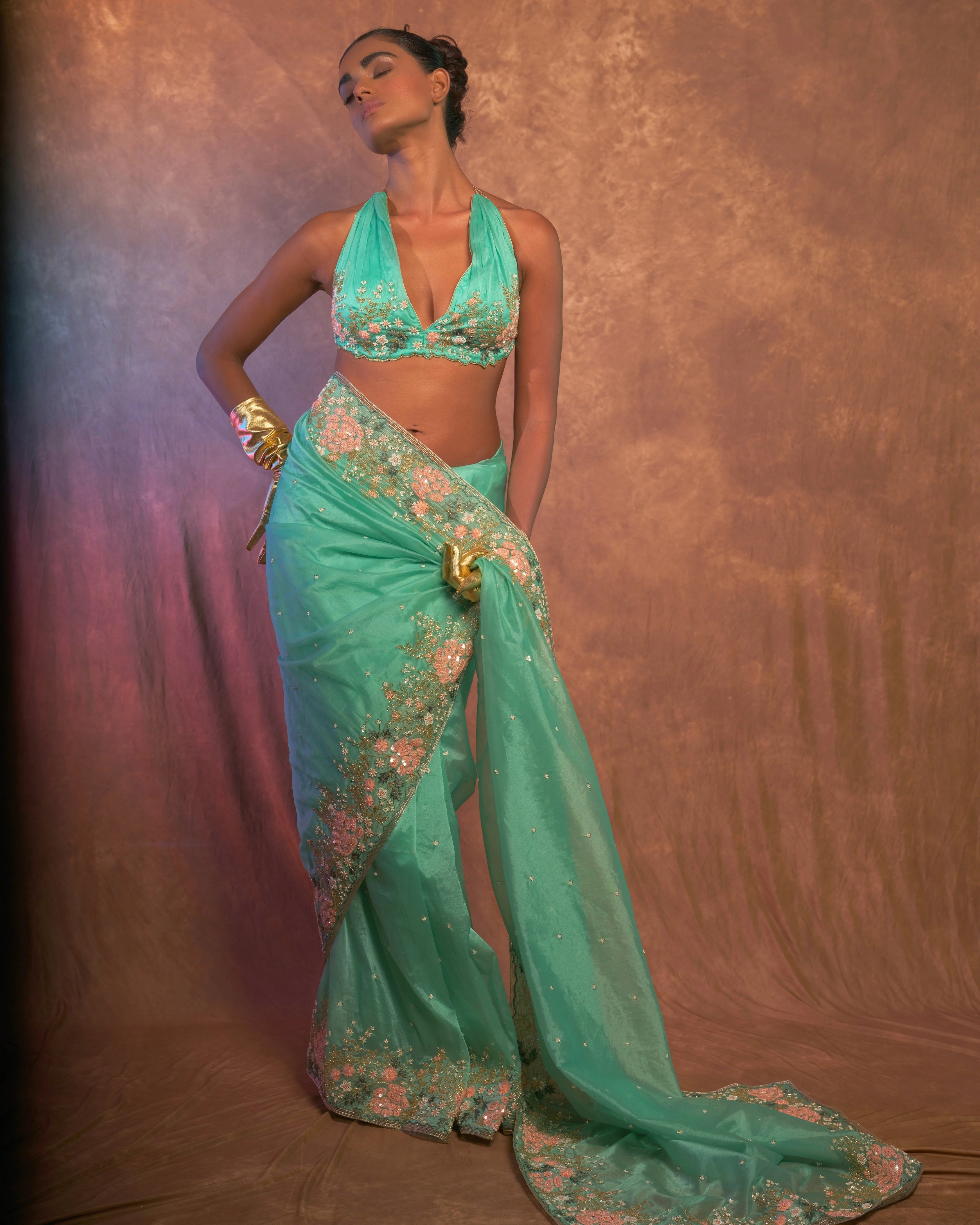Sky Blue Silk Organza Zardozi Sequins Saree with Bead Handwork and Matching Floral Blouse