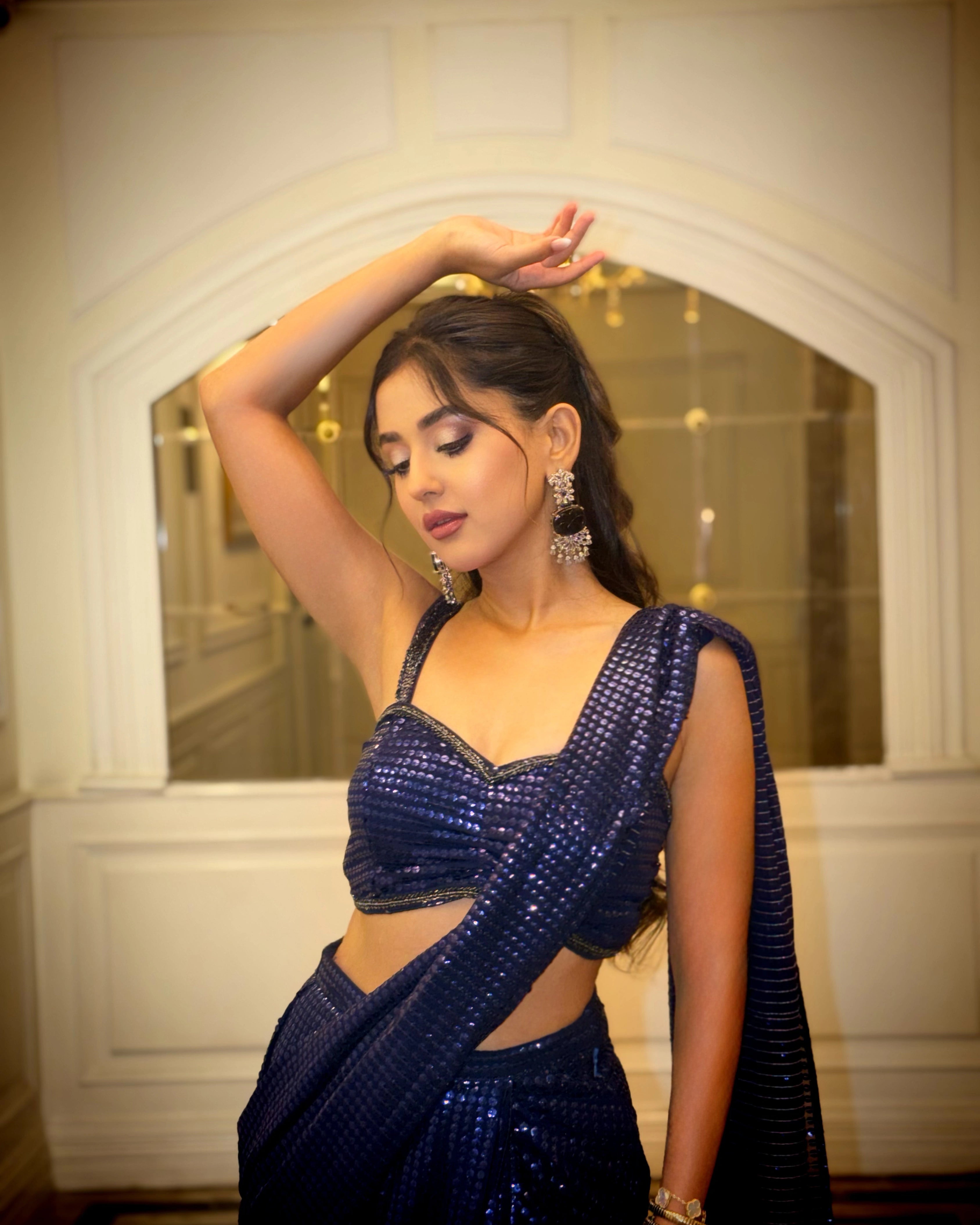 Navy Blue Georgette Saree with All Over Shimmer Sequin Work and Matching Sequin Blouse