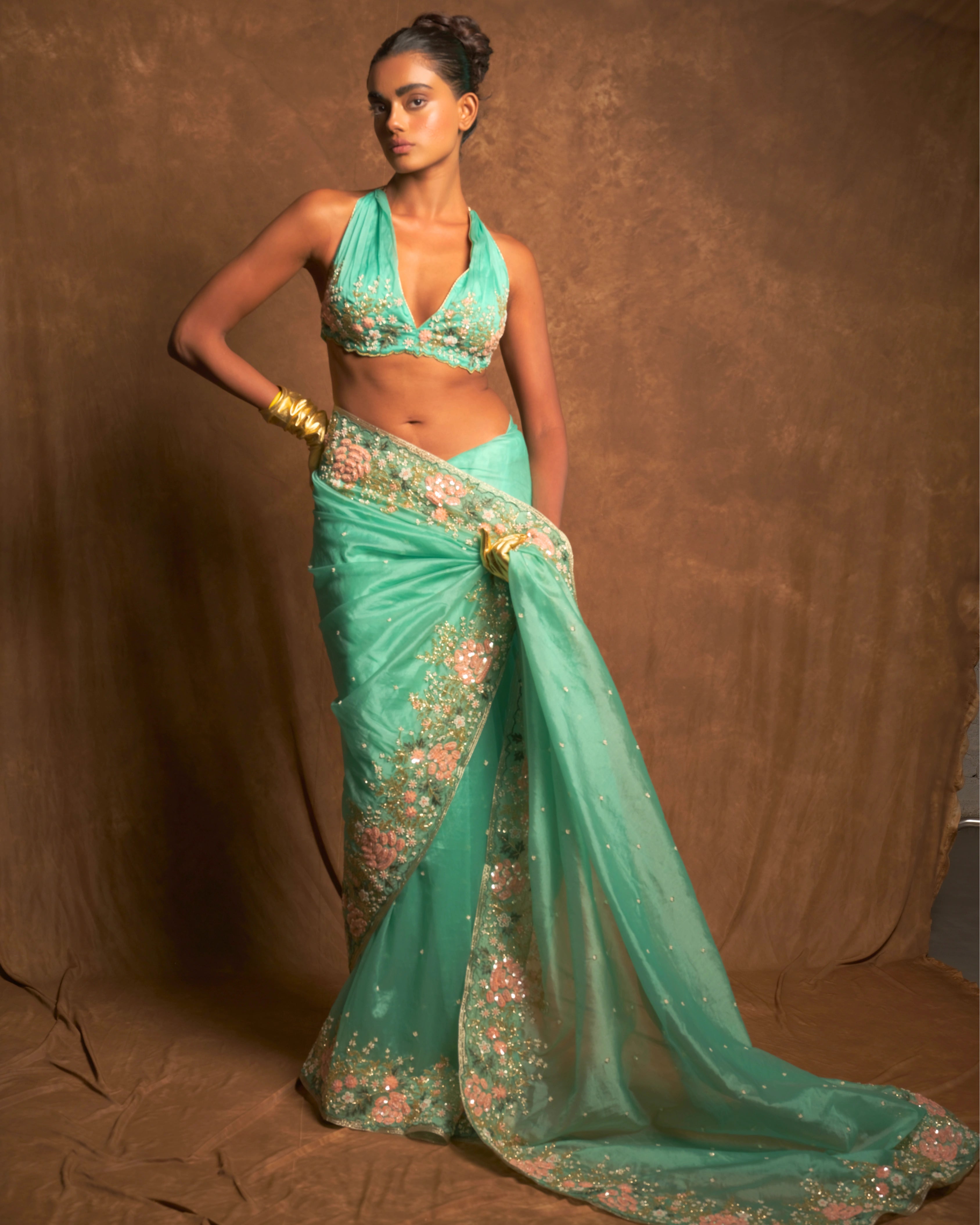 Sky Blue Silk Organza Zardozi Sequins Saree with Bead Handwork and Matching Floral Blouse