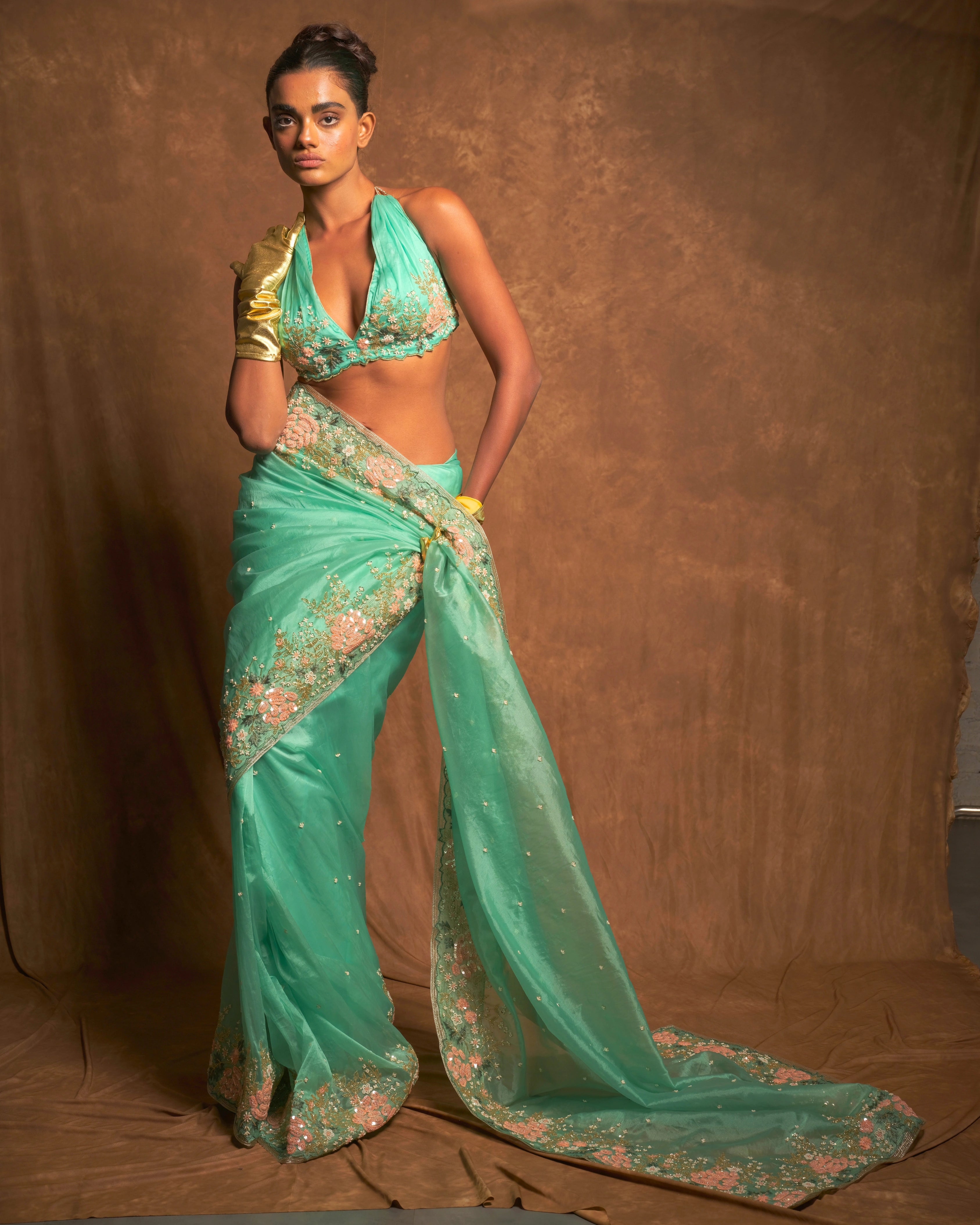 Sky Blue Silk Organza Zardozi Sequins Saree with Bead Handwork and Matching Floral Blouse