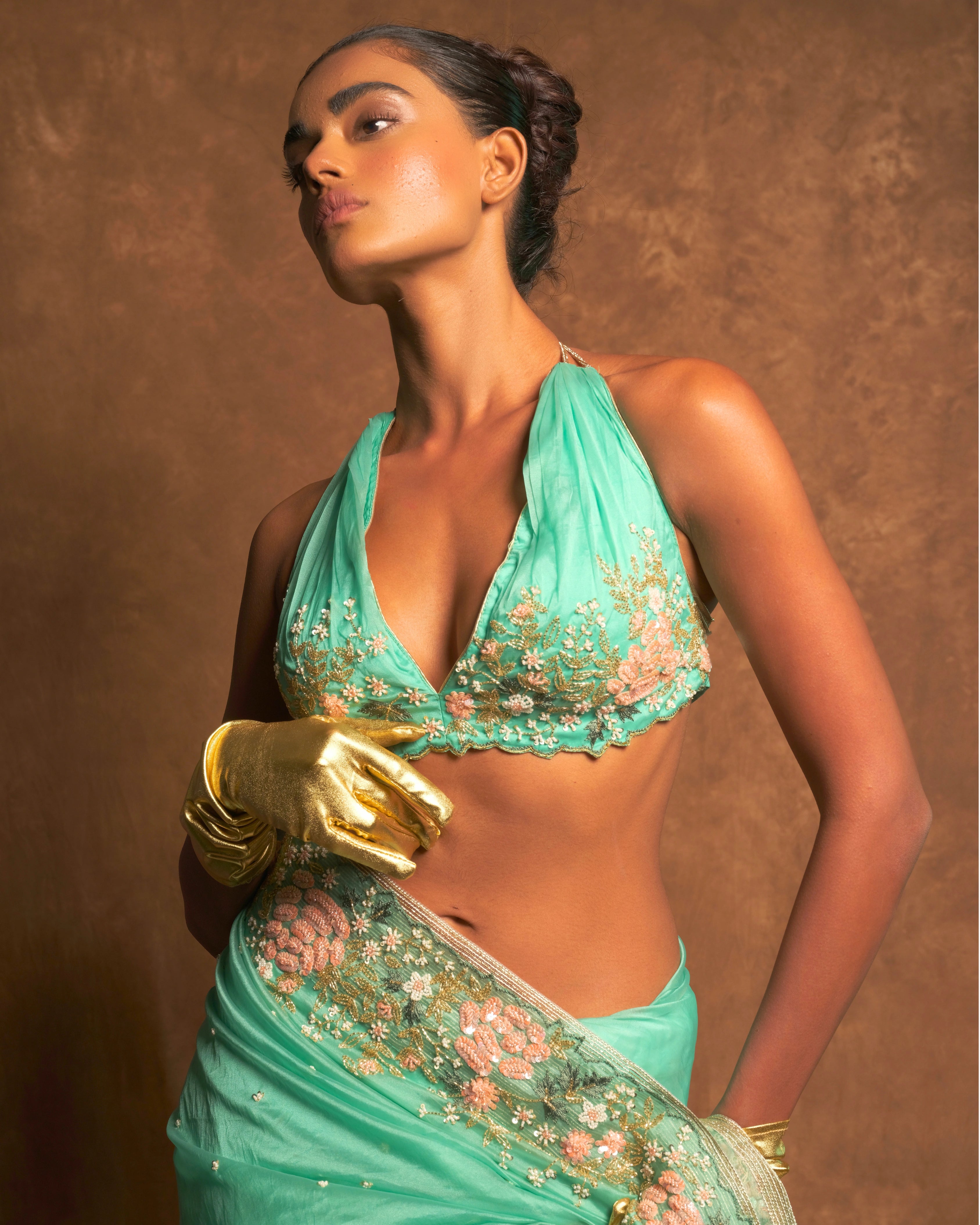 Sky Blue Silk Organza Zardozi Sequins Saree with Bead Handwork and Matching Floral Blouse