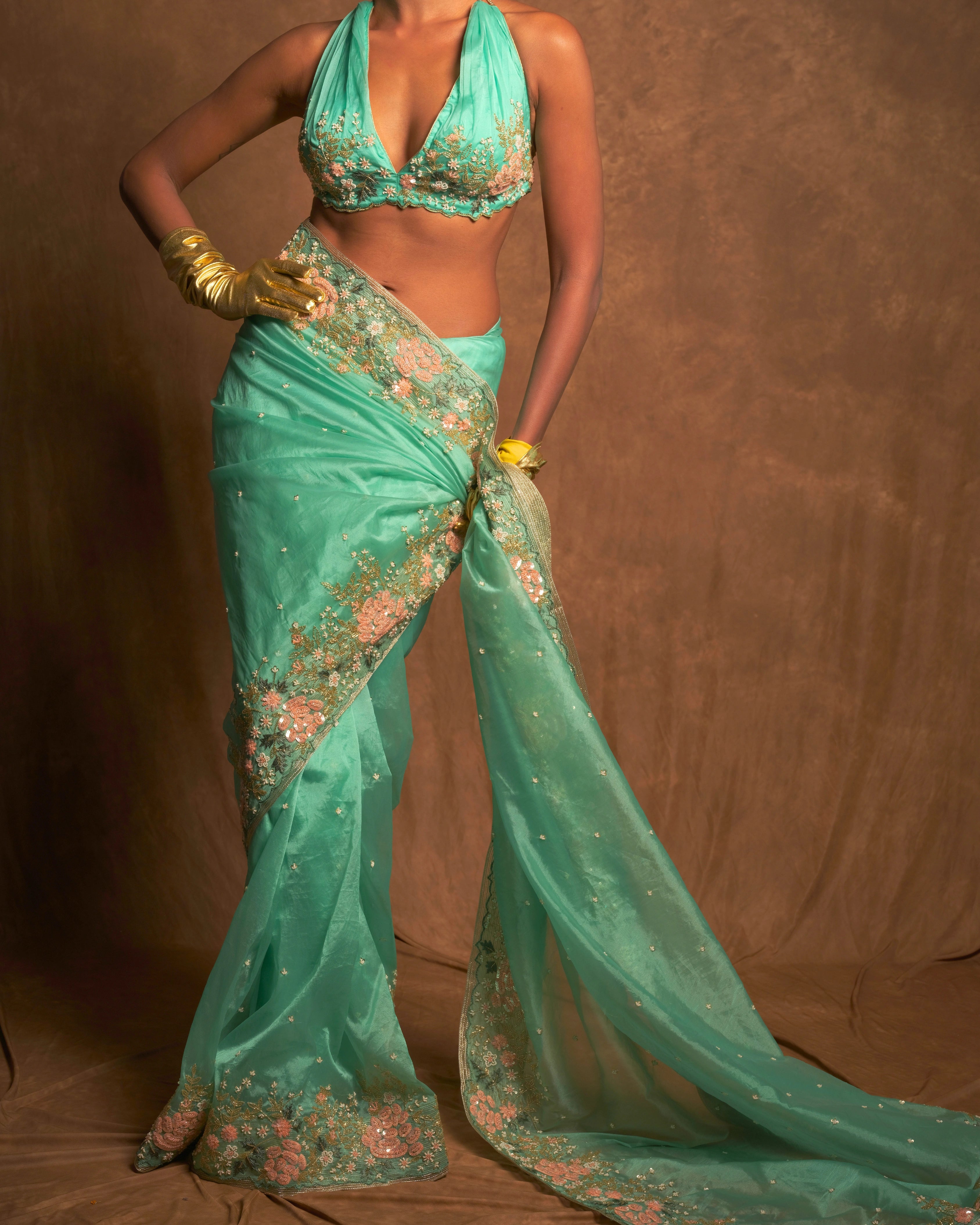 Sky Blue Silk Organza Zardozi Sequins Saree with Bead Handwork and Matching Floral Blouse