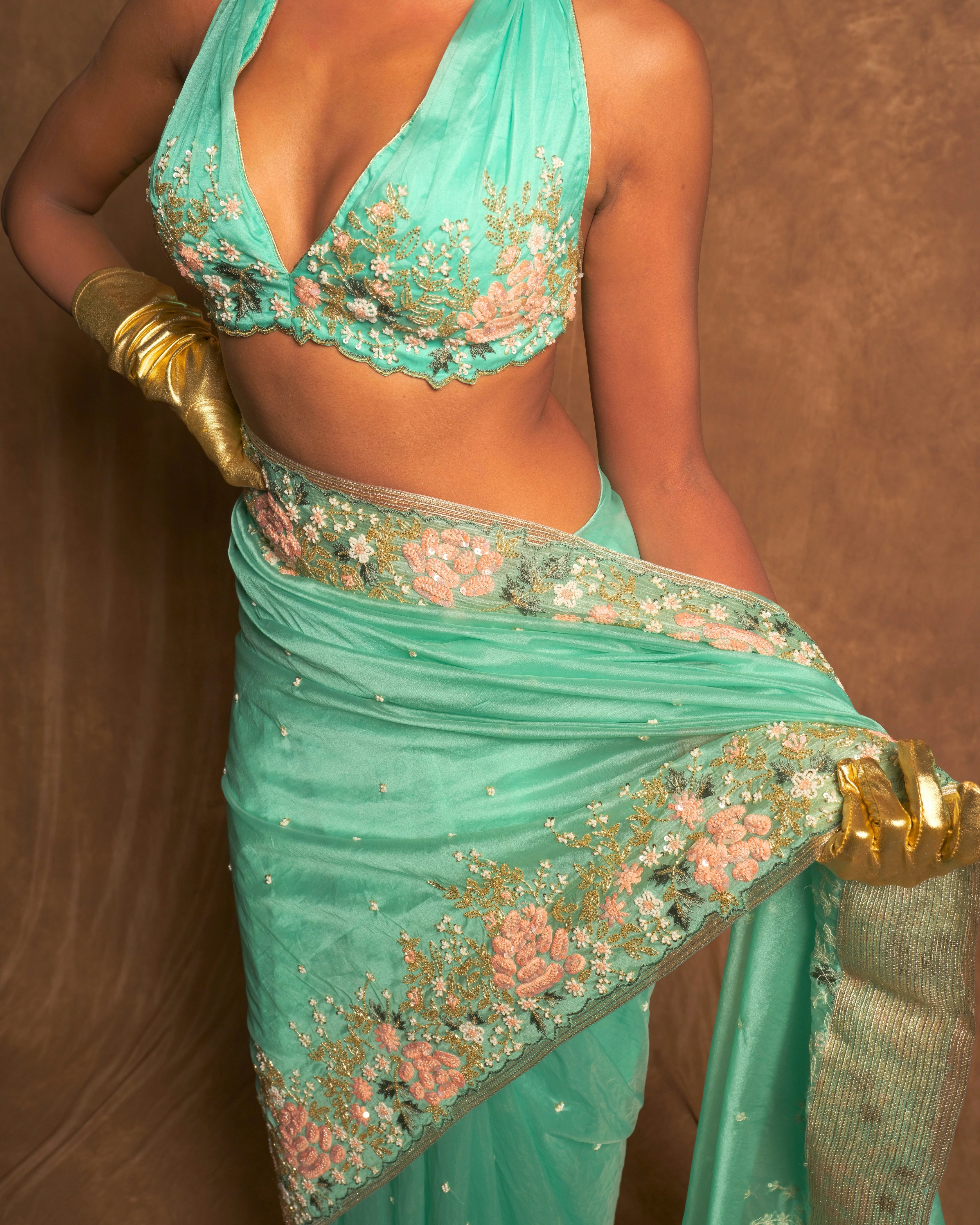 Sky Blue Silk Organza Zardozi Sequins Saree with Bead Handwork and Matching Floral Blouse