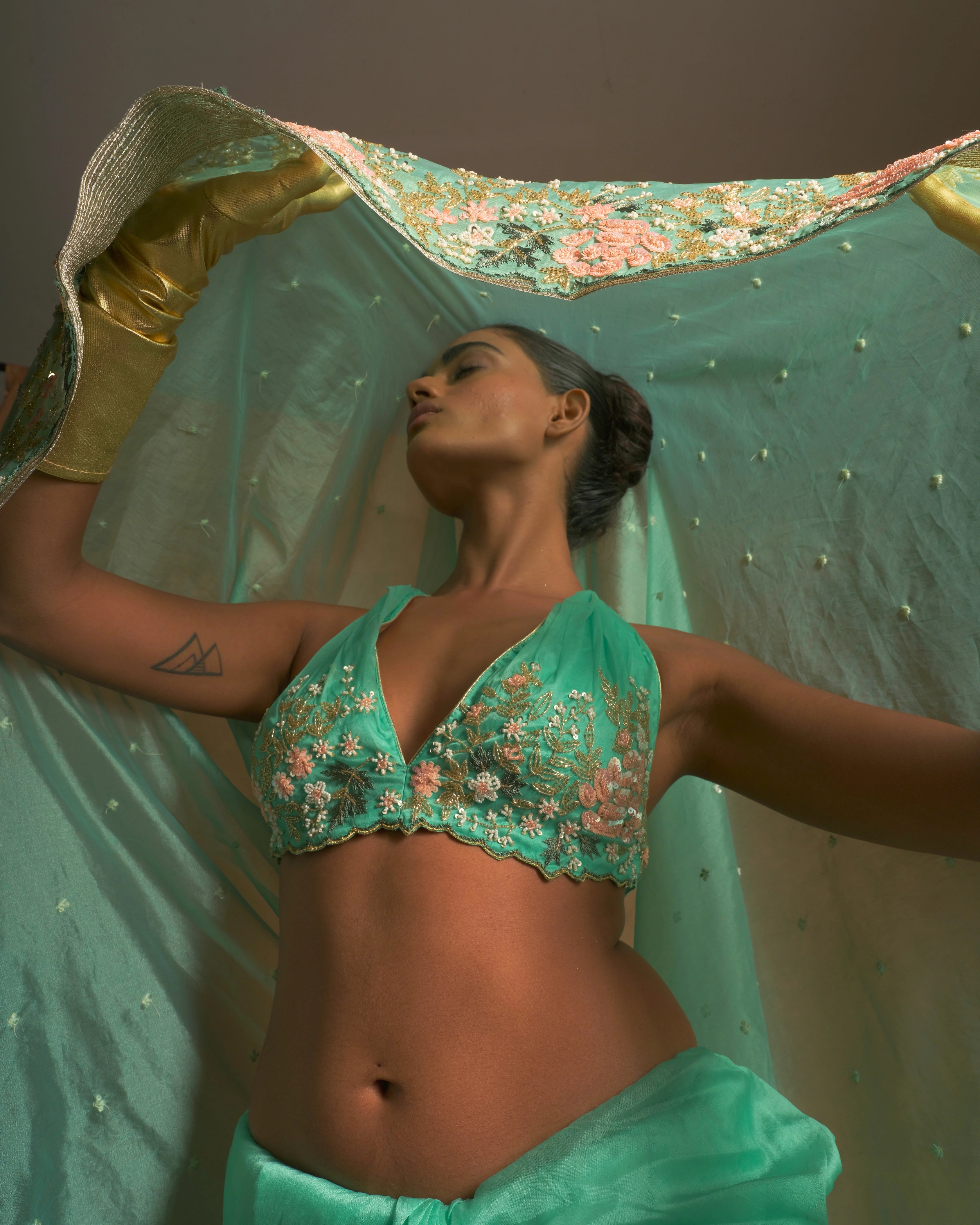 Sky Blue Silk Organza Zardozi Sequins Saree with Bead Handwork and Matching Floral Blouse