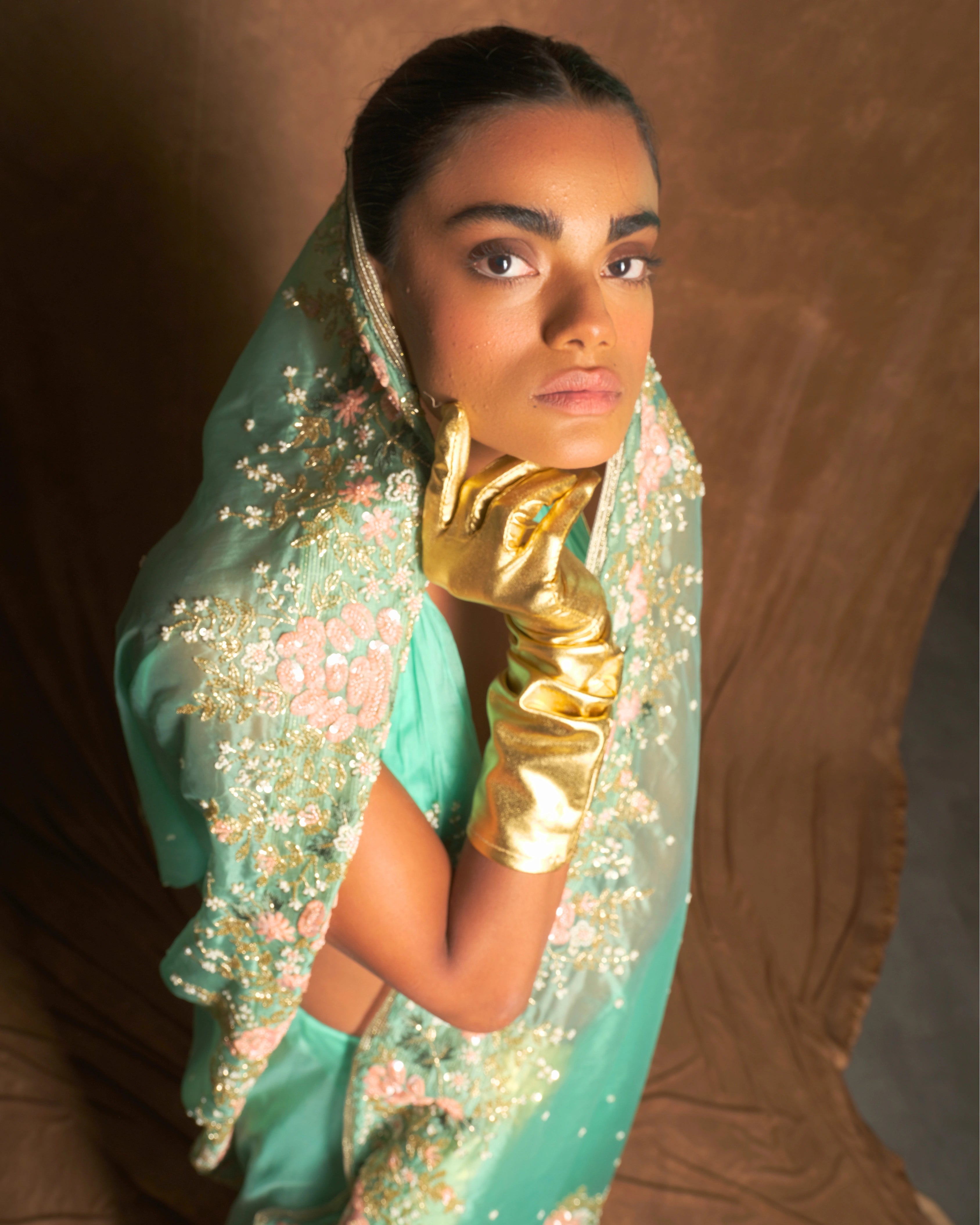Sky Blue Silk Organza Zardozi Sequins Saree with Bead Handwork and Matching Floral Blouse