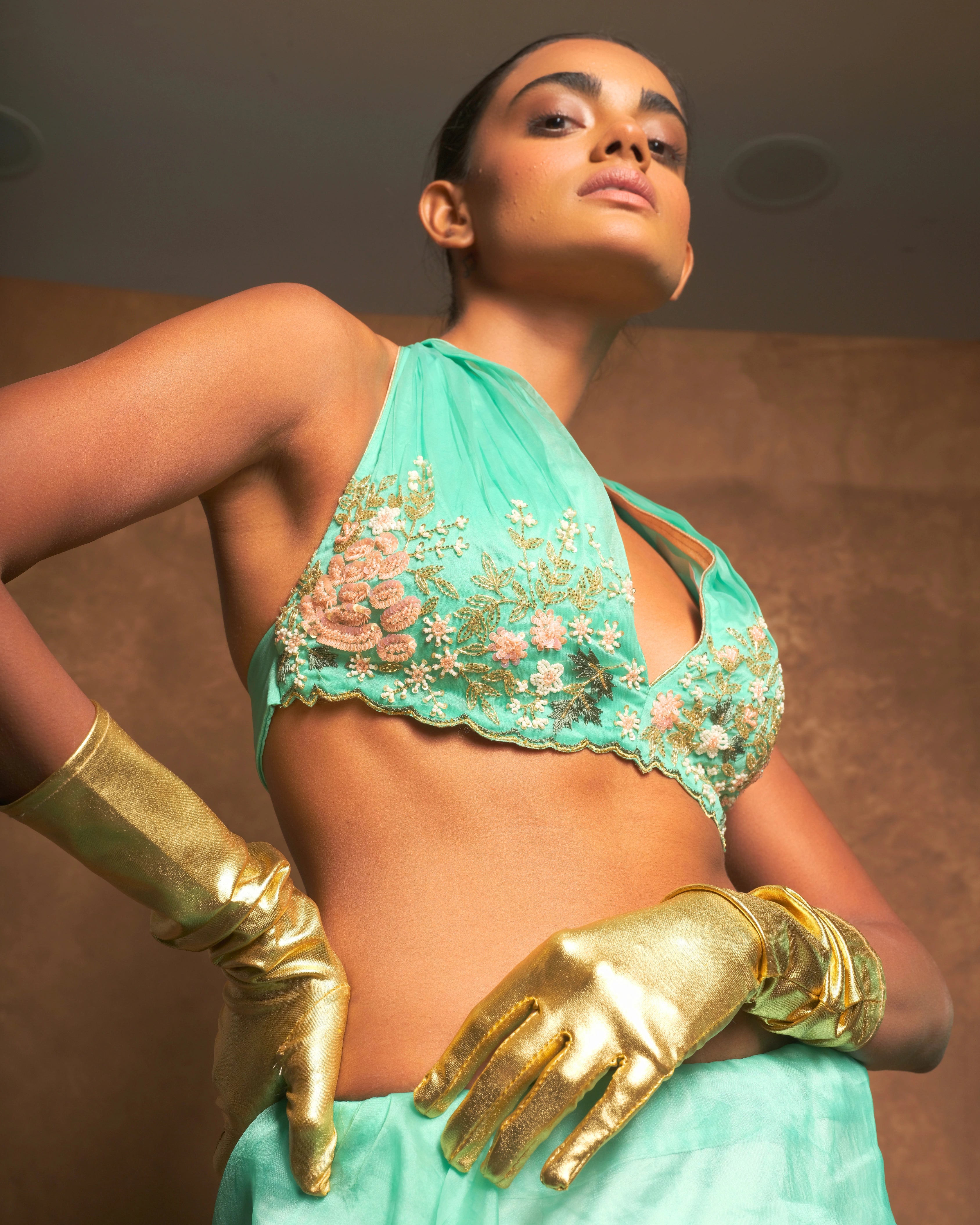 Sky Blue Silk Organza Zardozi Sequins Saree with Bead Handwork and Matching Floral Blouse