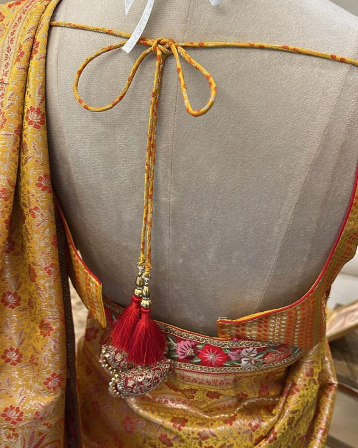 Mustard Yellow Orange Floral Banarasi Silk Saree with Matching Blouse