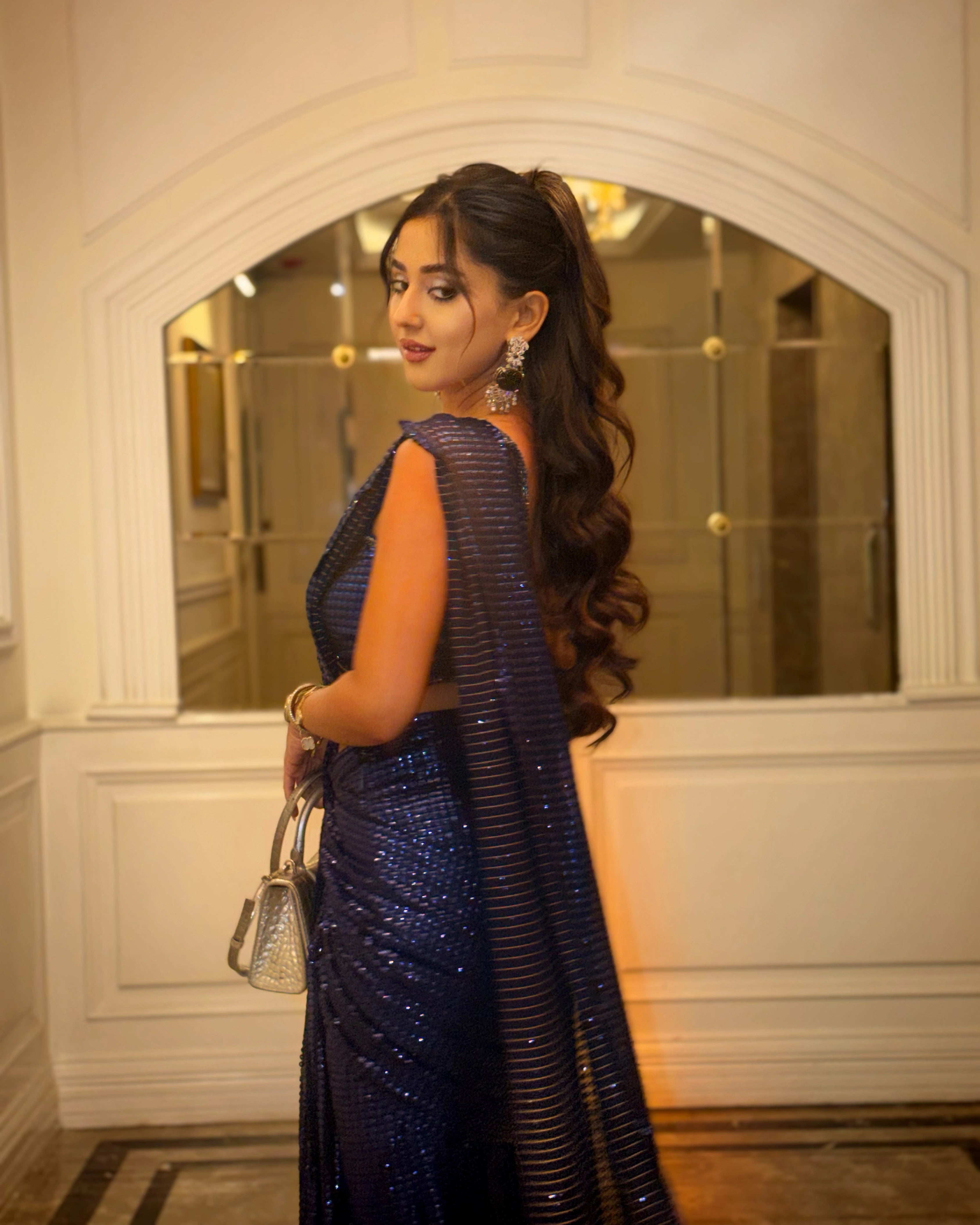 Navy Blue Georgette Saree with All Over Shimmer Sequin Work and Matching Sequin Blouse
