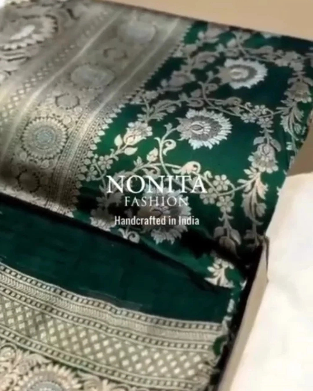 Blue Pure Banarasi Silk Saree with Gold Floral Design and Matching Blouse.