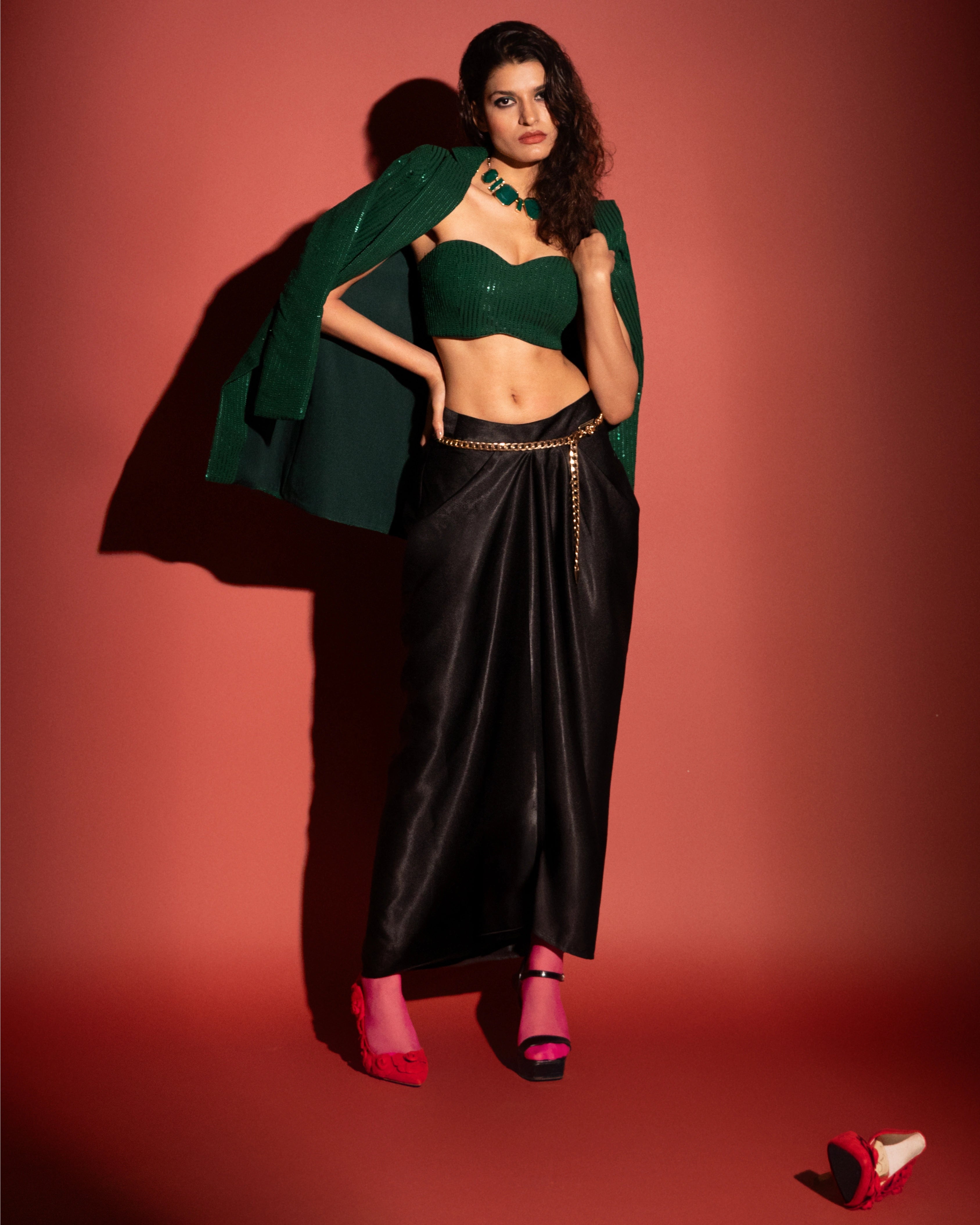 Emerald Green Georgette Sequin Jacket with Bandeau Top and Black Silk Maxi Skirt