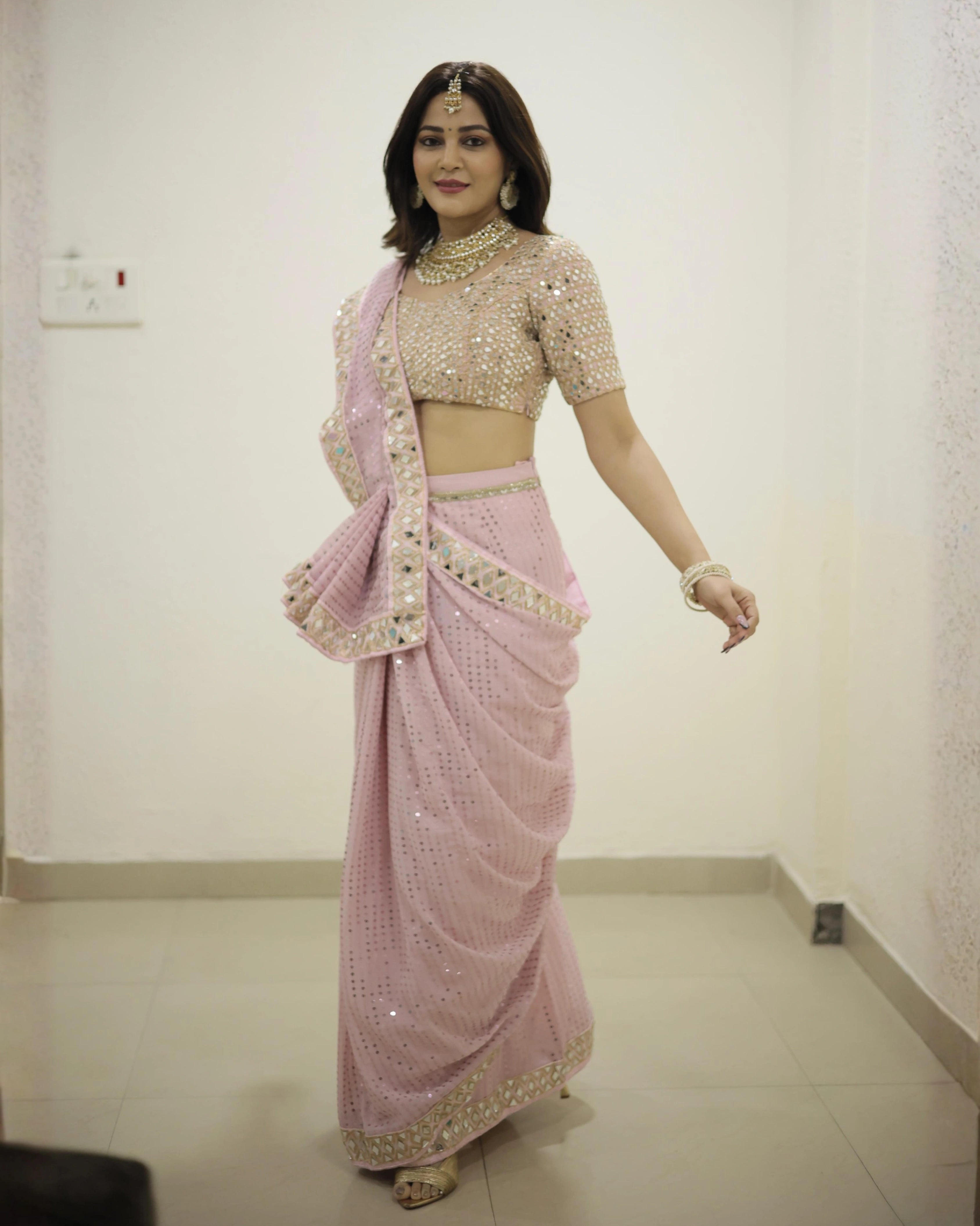 Pink Sequin Georgette Saree with Mirror Embroidery Work and Matching Mirror Sequin Blouse