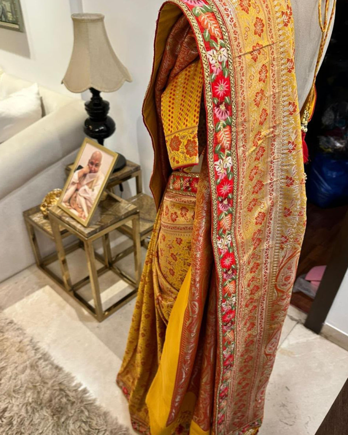 Mustard Yellow Orange Floral Banarasi Silk Saree with Matching Blouse