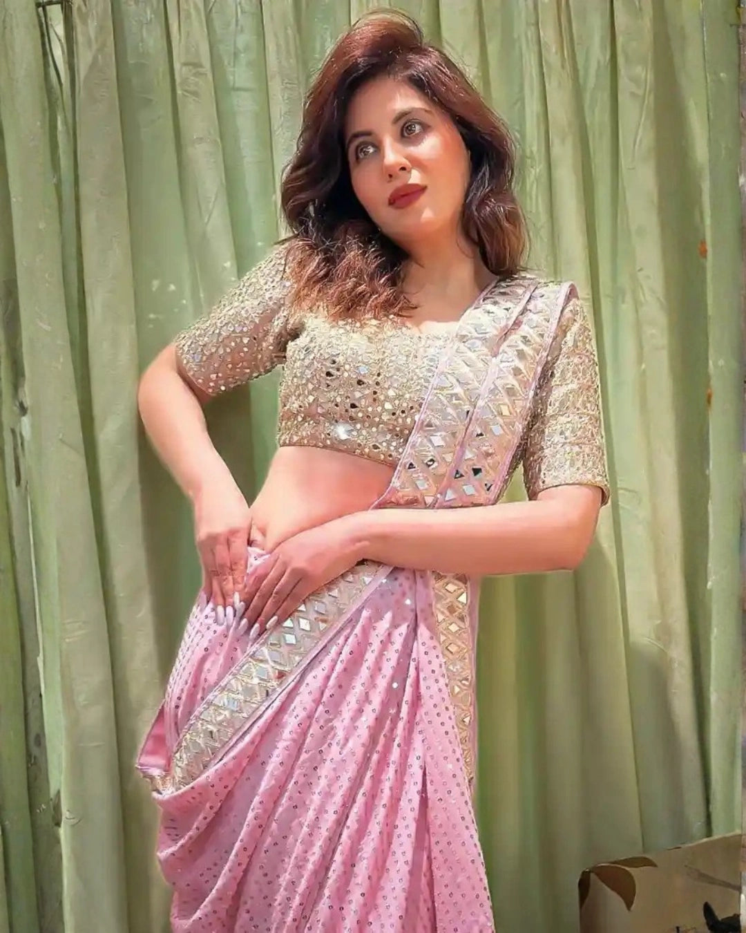 Pink Sequin Georgette Saree with Mirror Embroidery Work and Matching Mirror Sequin Blouse