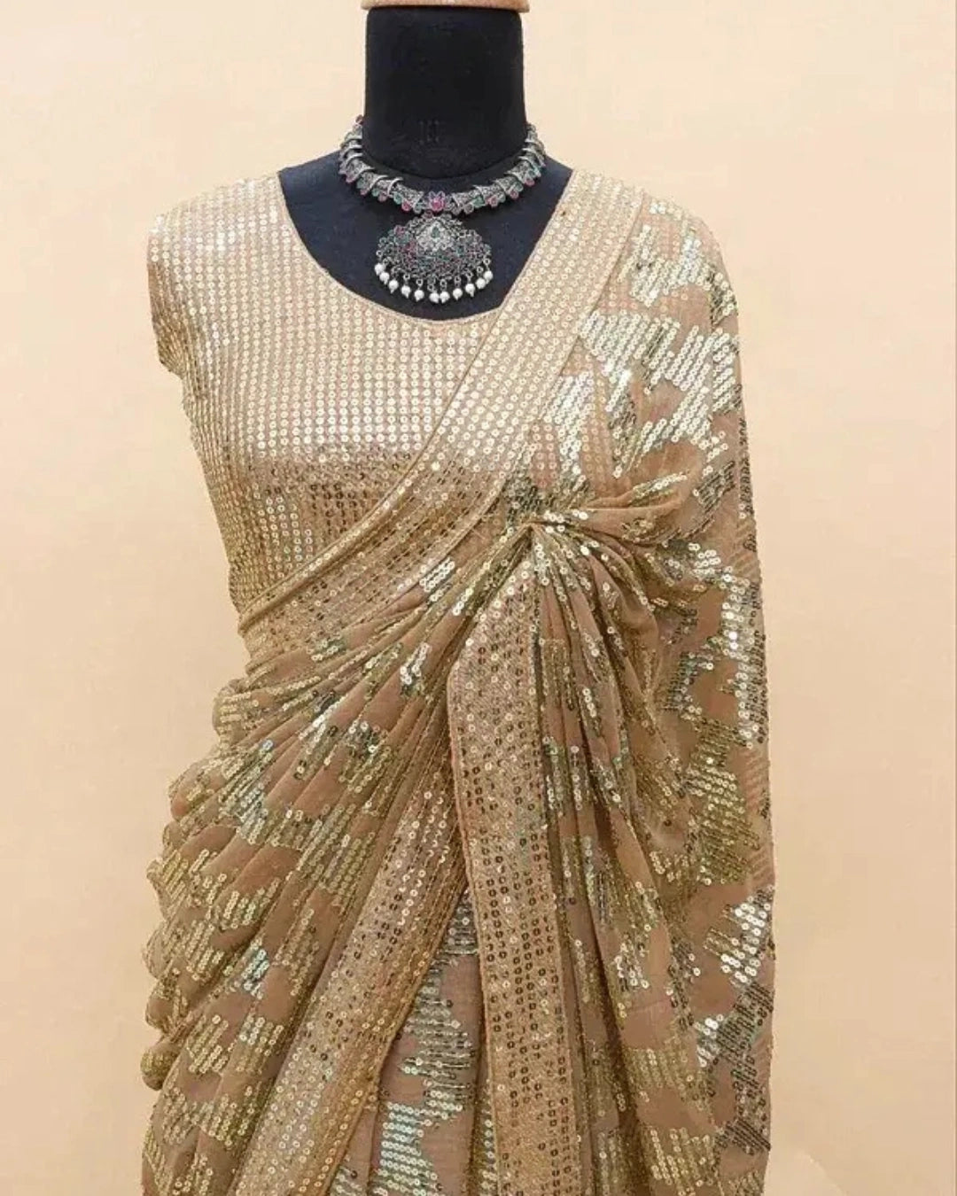Gold Georgette Saree with All Over Heavy Sequin Brocade Borders Embroidery and Matching Sequin Blouse