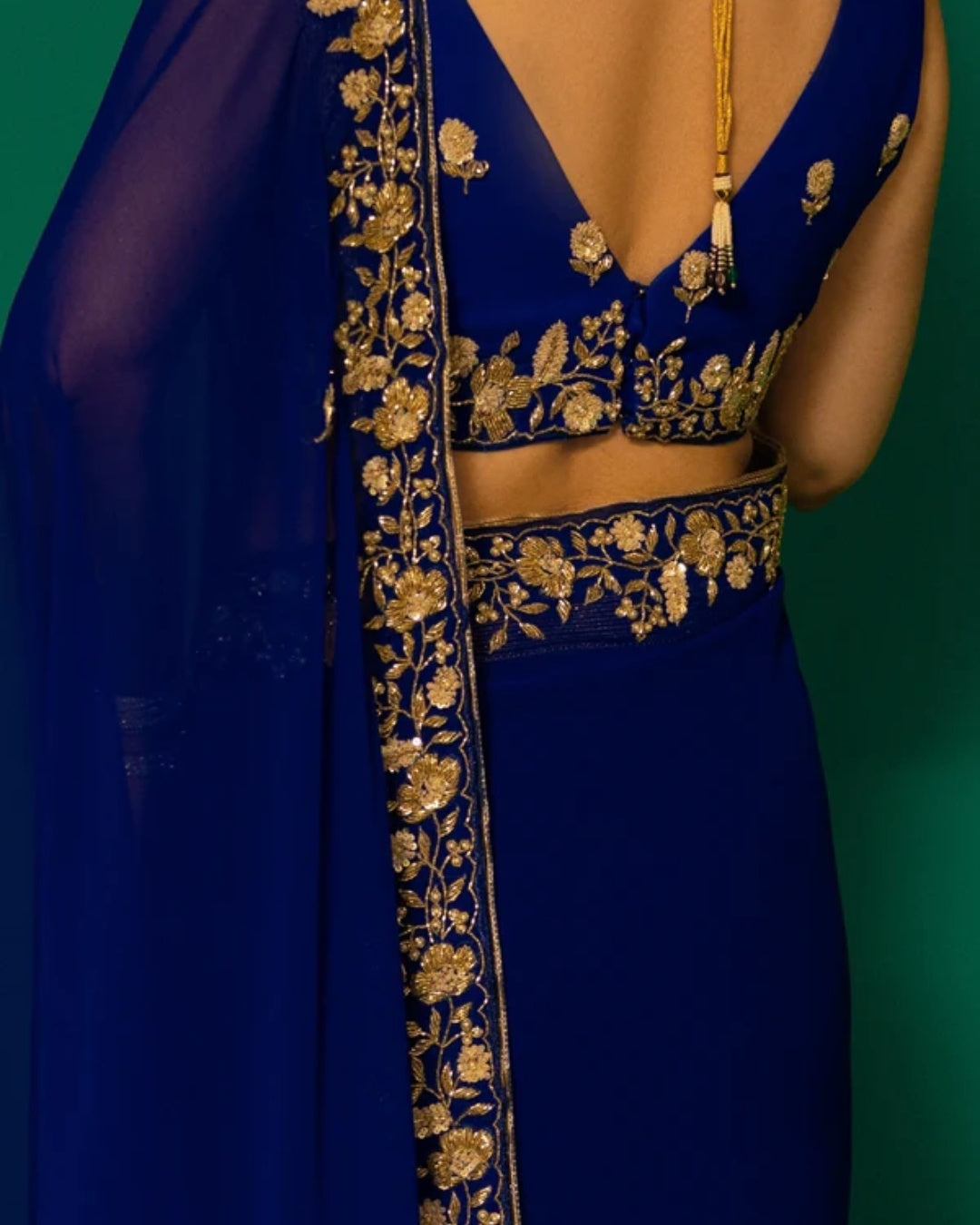 Royal Blue Hand Embroidered Georgette Saree and Matching Floral Embroidered Blouse
