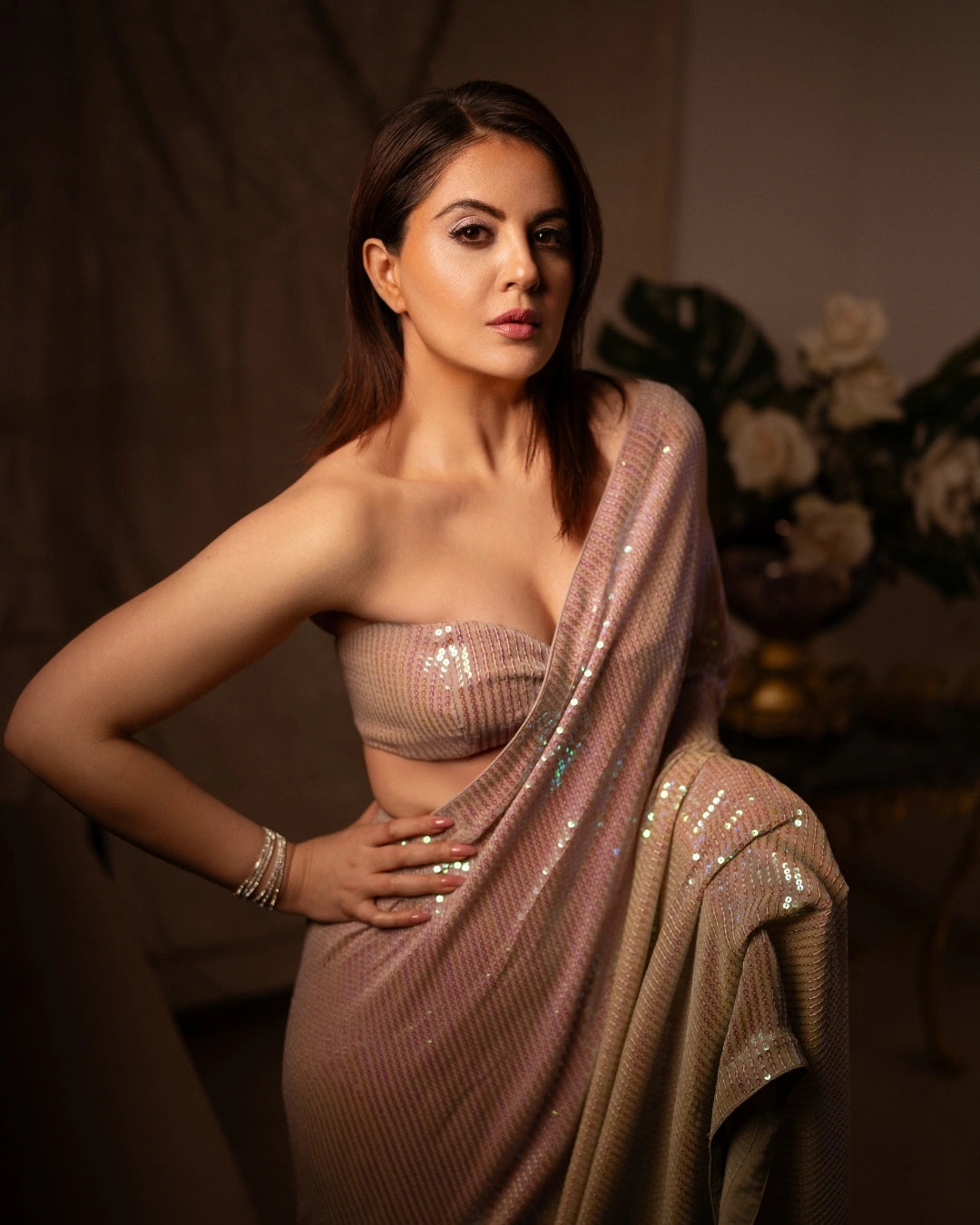 Beige and Olive Green Ombre Georgette Pre-Stitch Saree with All-Over Sequin Work and Matching Blouse