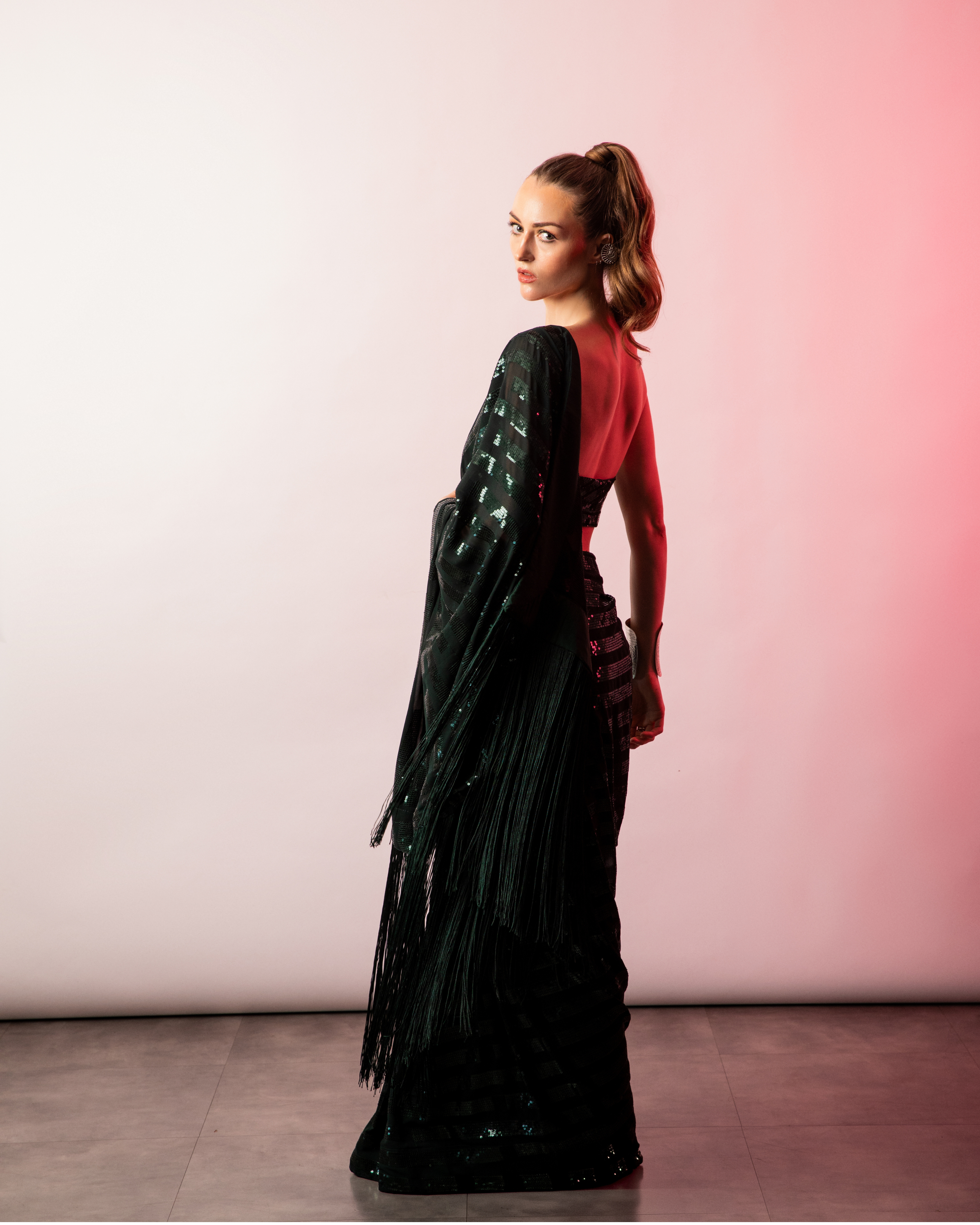 Green Georgette Sequin Stripes Saree with Fringe Pallu and Matching Sequin Blouse