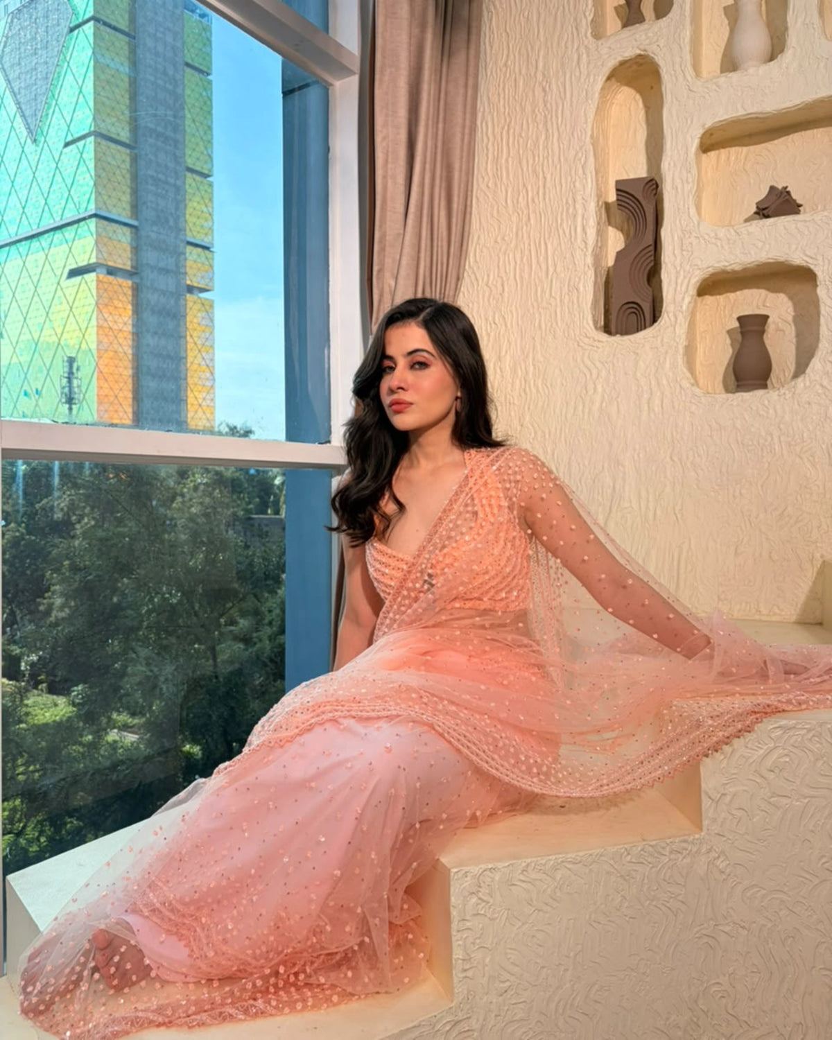 Peach Pearl Net Embellished Sequin Saree with Matching Blouse