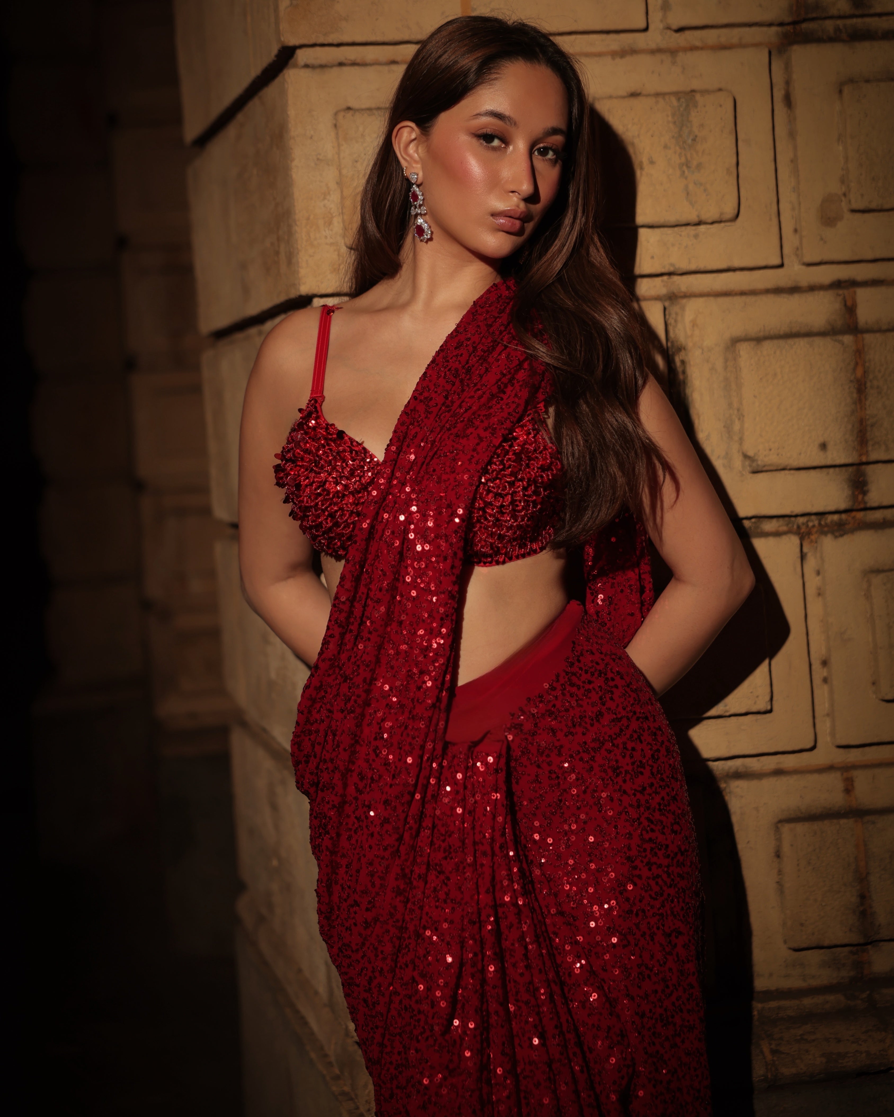 Hot Pink Georgette Saree with All Over Shimmer Sequin Work and Matching Sequin Blouse