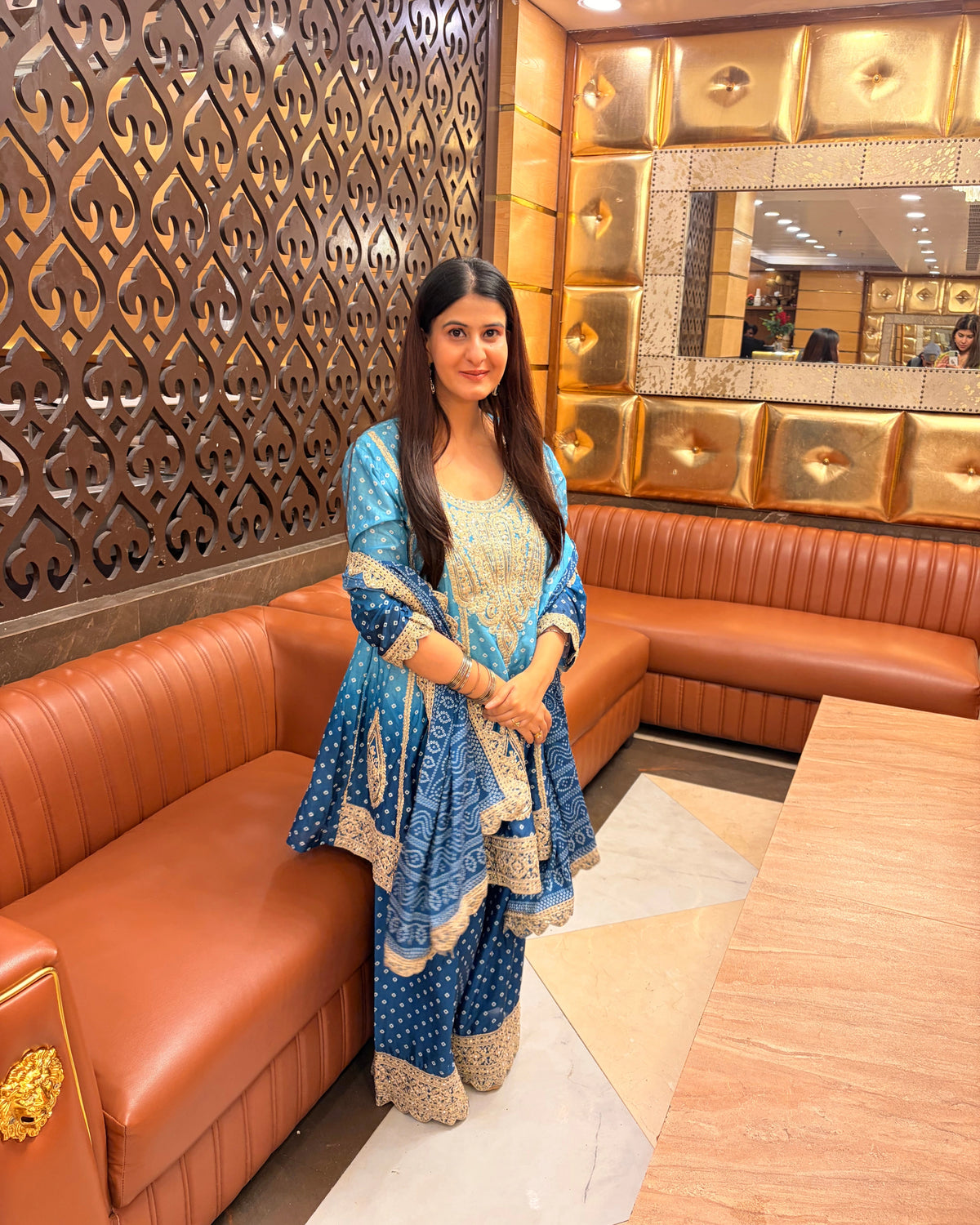 Blue Silk Salwar Kameez with Bandhani Print and Mirror Embroidery