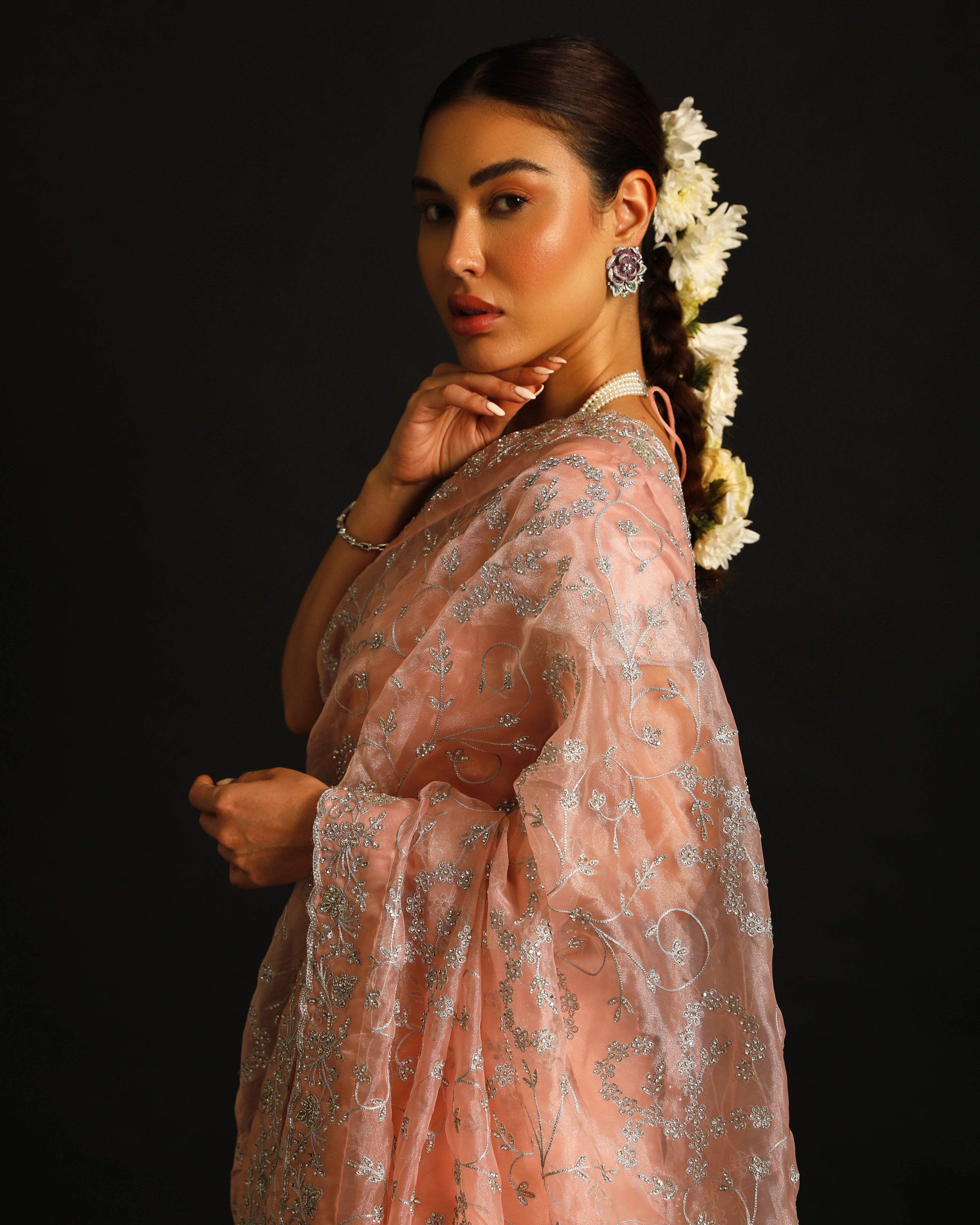 Blush Pink Organza Silk Saree with All-Over Hand Embroidered Silver Floral Jaal