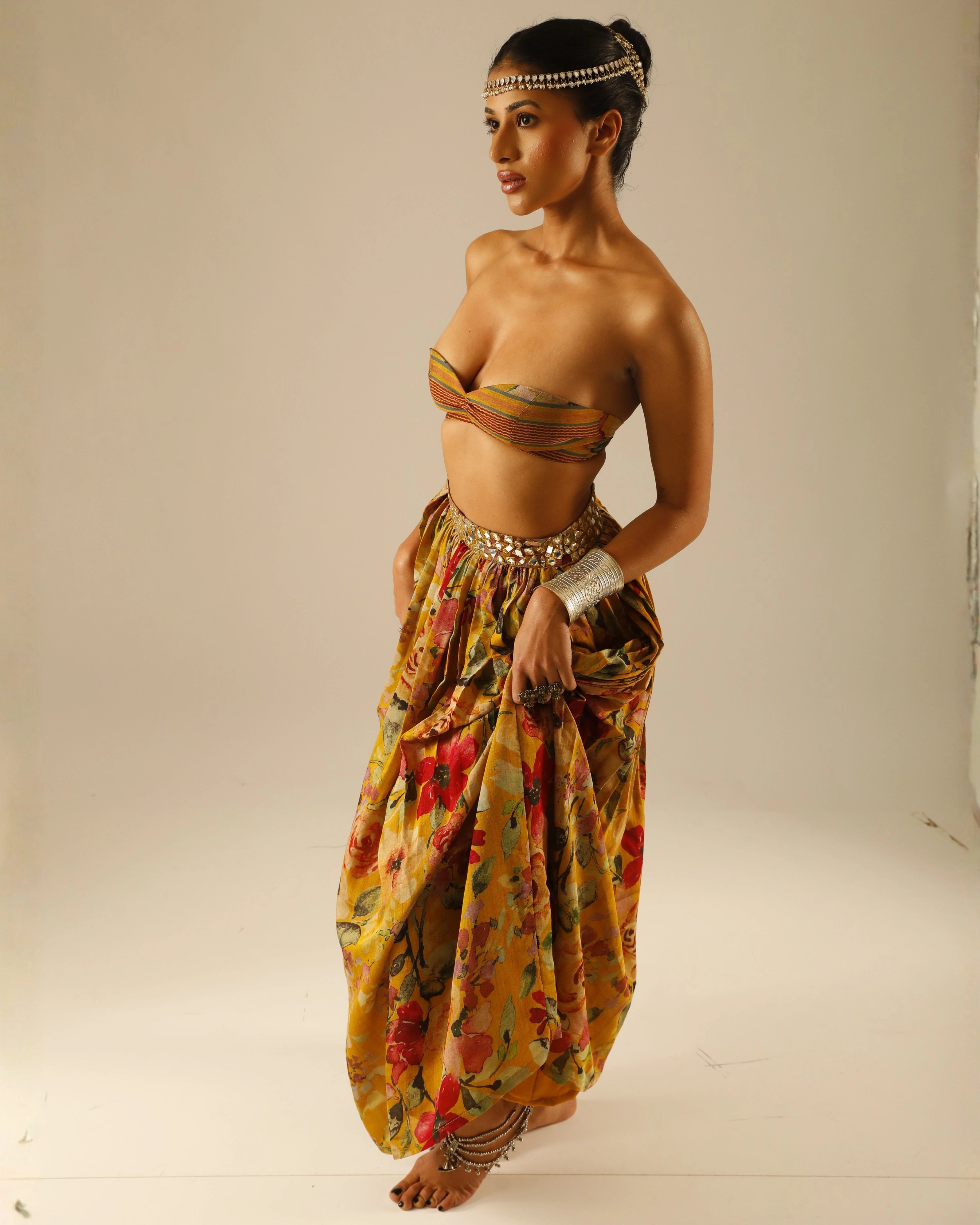 Yellow Silk Floral Skirt and Jacket Set with All Over Mirror Work