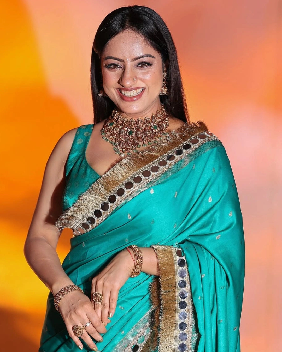 Blue Banarasi Silk Saree with Gold Zari Mirror Work Border and Matching Blouse