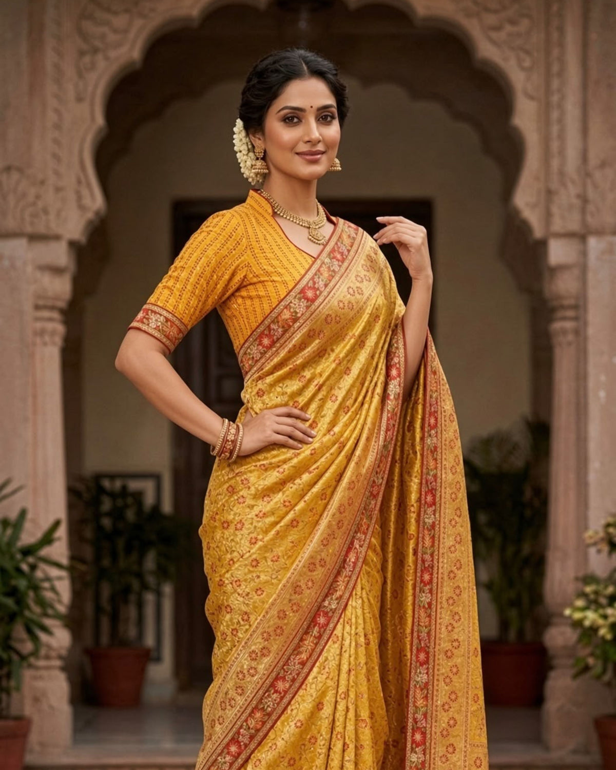 Mustard Yellow Orange Floral Banarasi Silk Saree with Matching Blouse