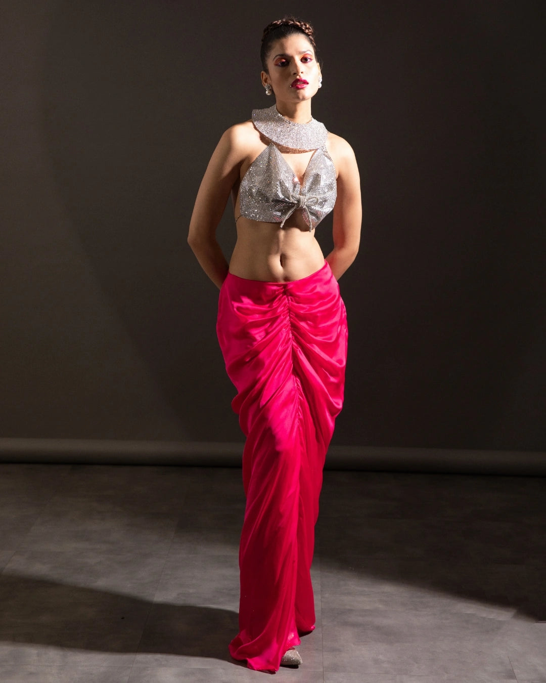 Pink Fuchsia Draped Silk Skirt with Silver Crystal-Embellished Halter Butterfly Blouse