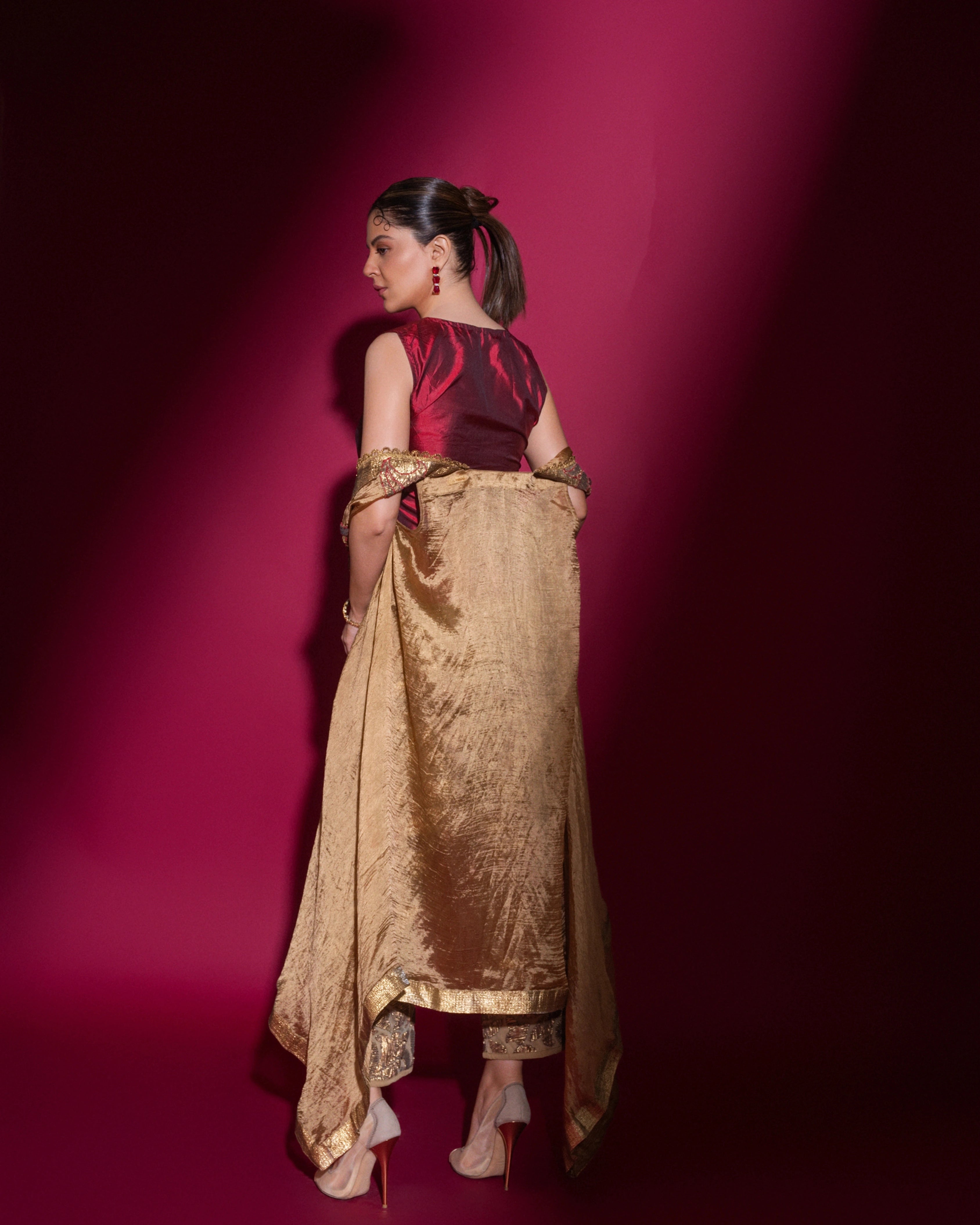 Gold and Red Silk Pant and Top with All Over Embroidered Cape Work