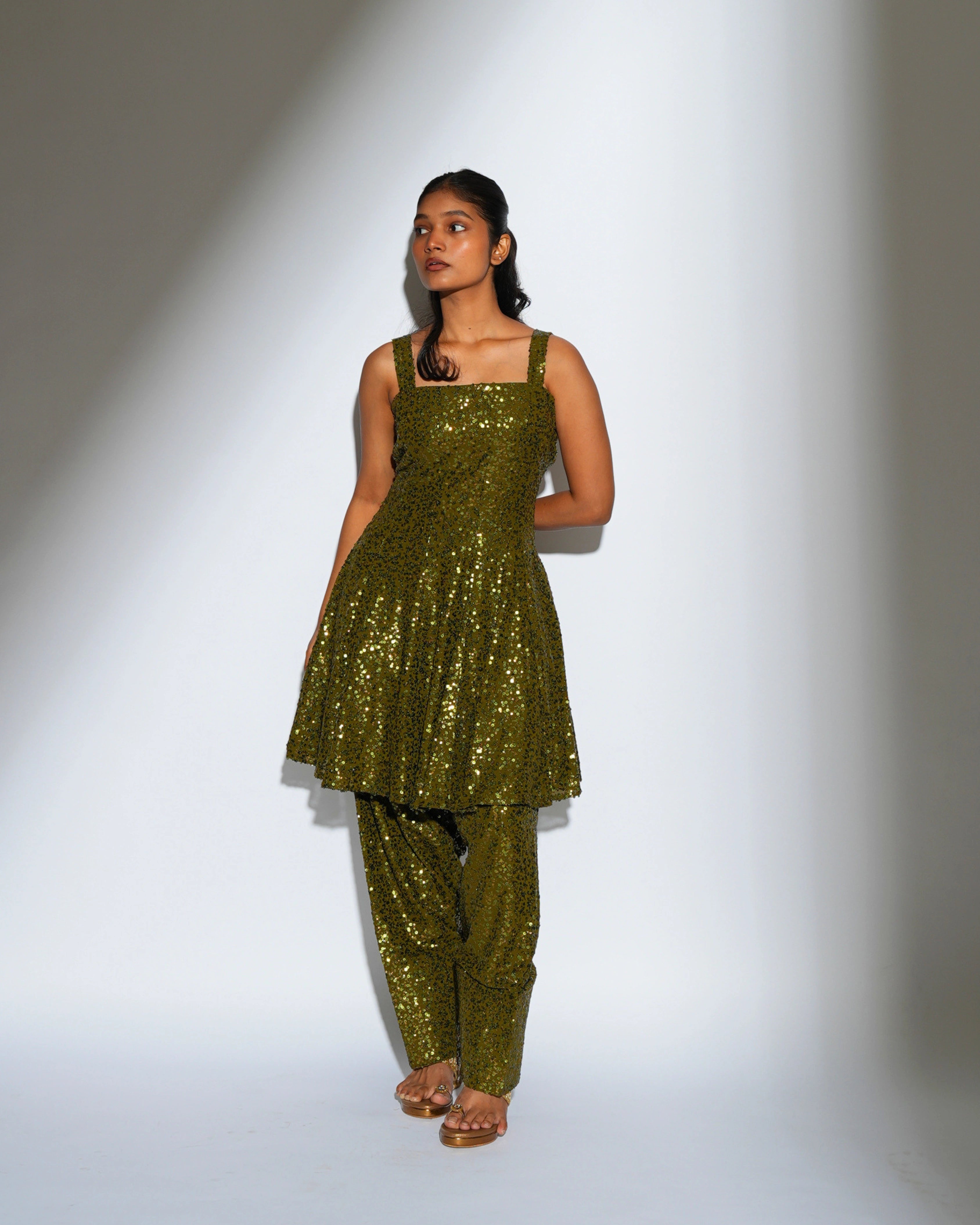 Olive Green Georgette Salwar Suit with All Over Sequin