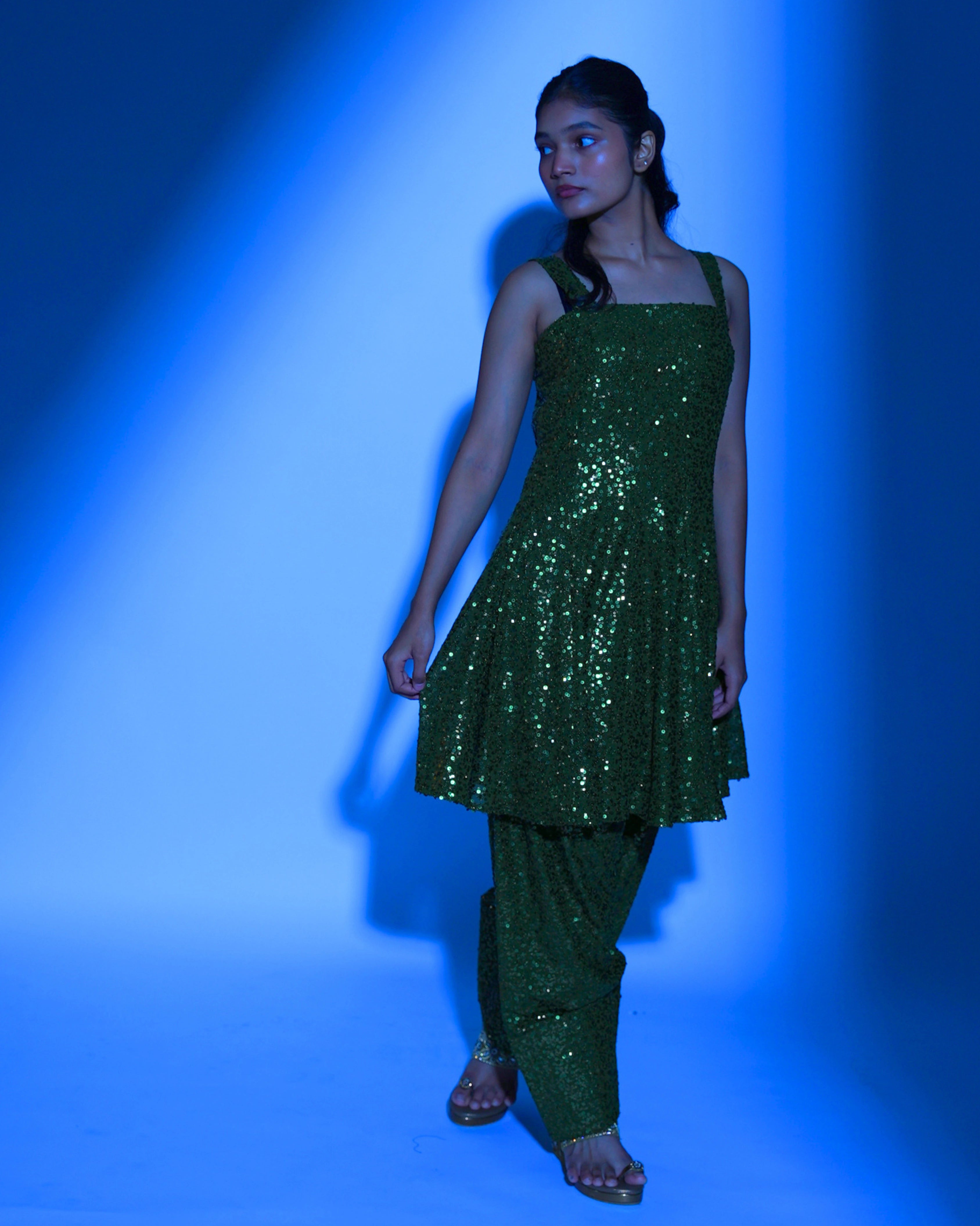 Olive Green Georgette Salwar Suit with All Over Sequin