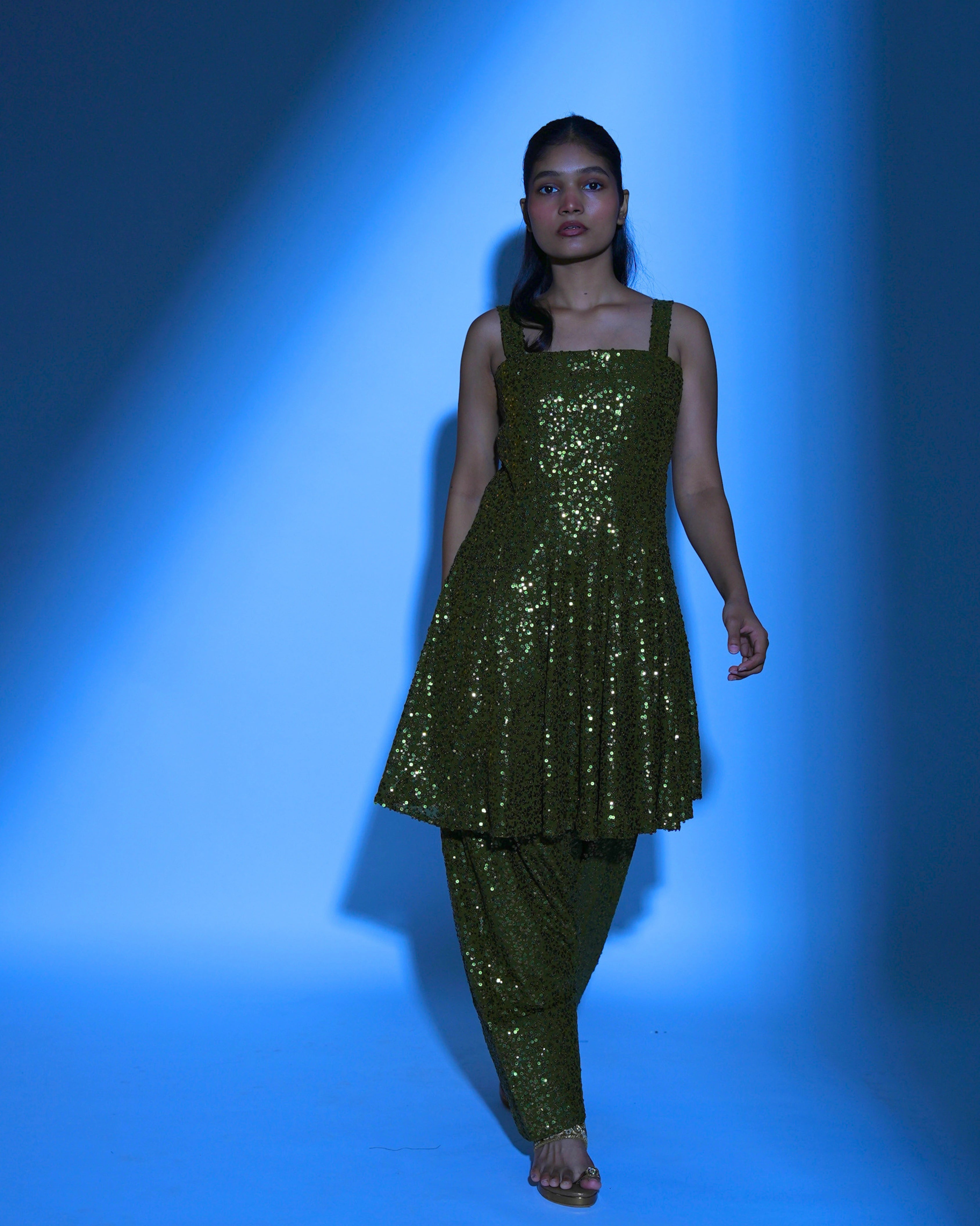 Olive Green Georgette Salwar Suit with All Over Sequin