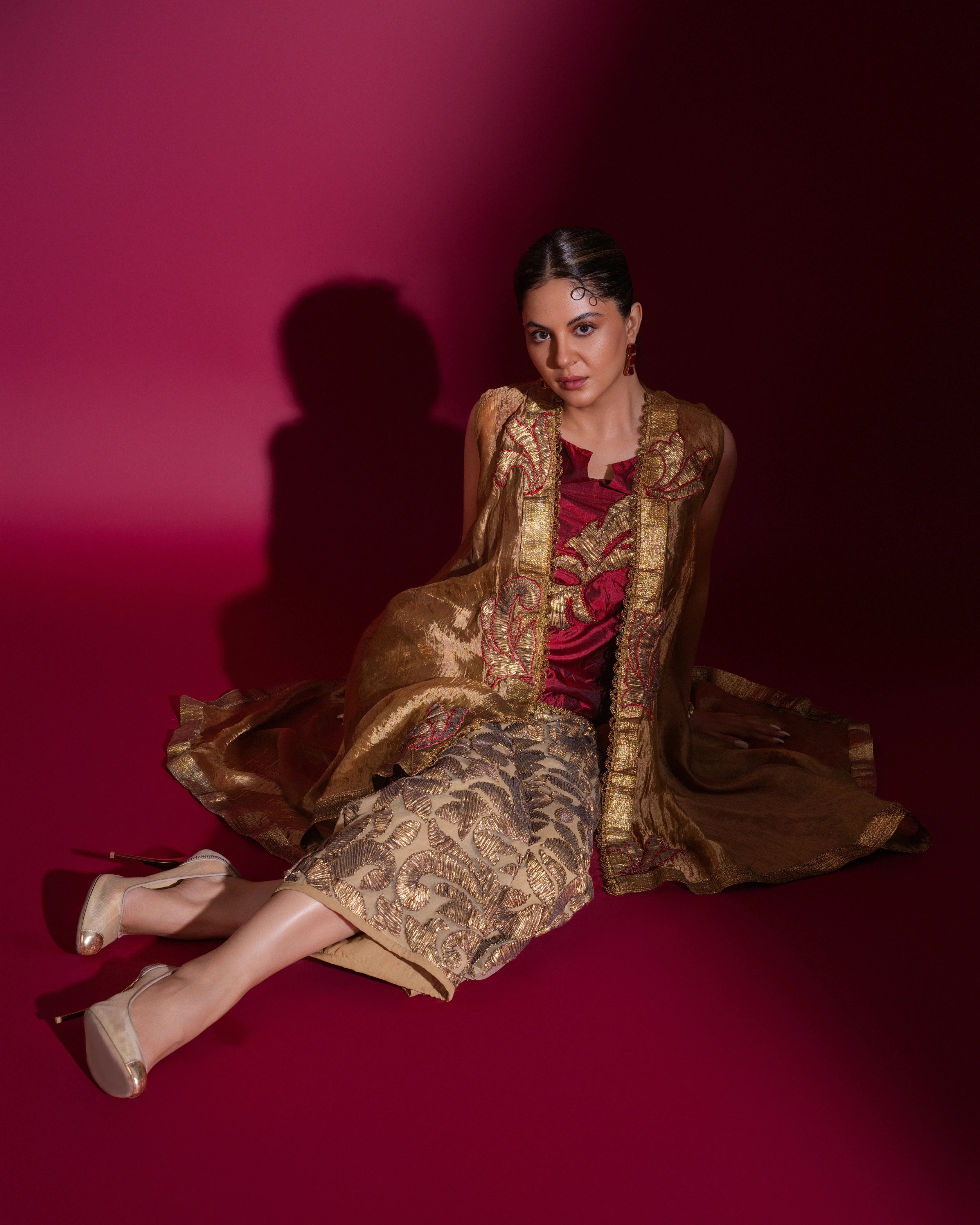 Gold and Red Silk Pant and Top with All Over Embroidered Cape Work