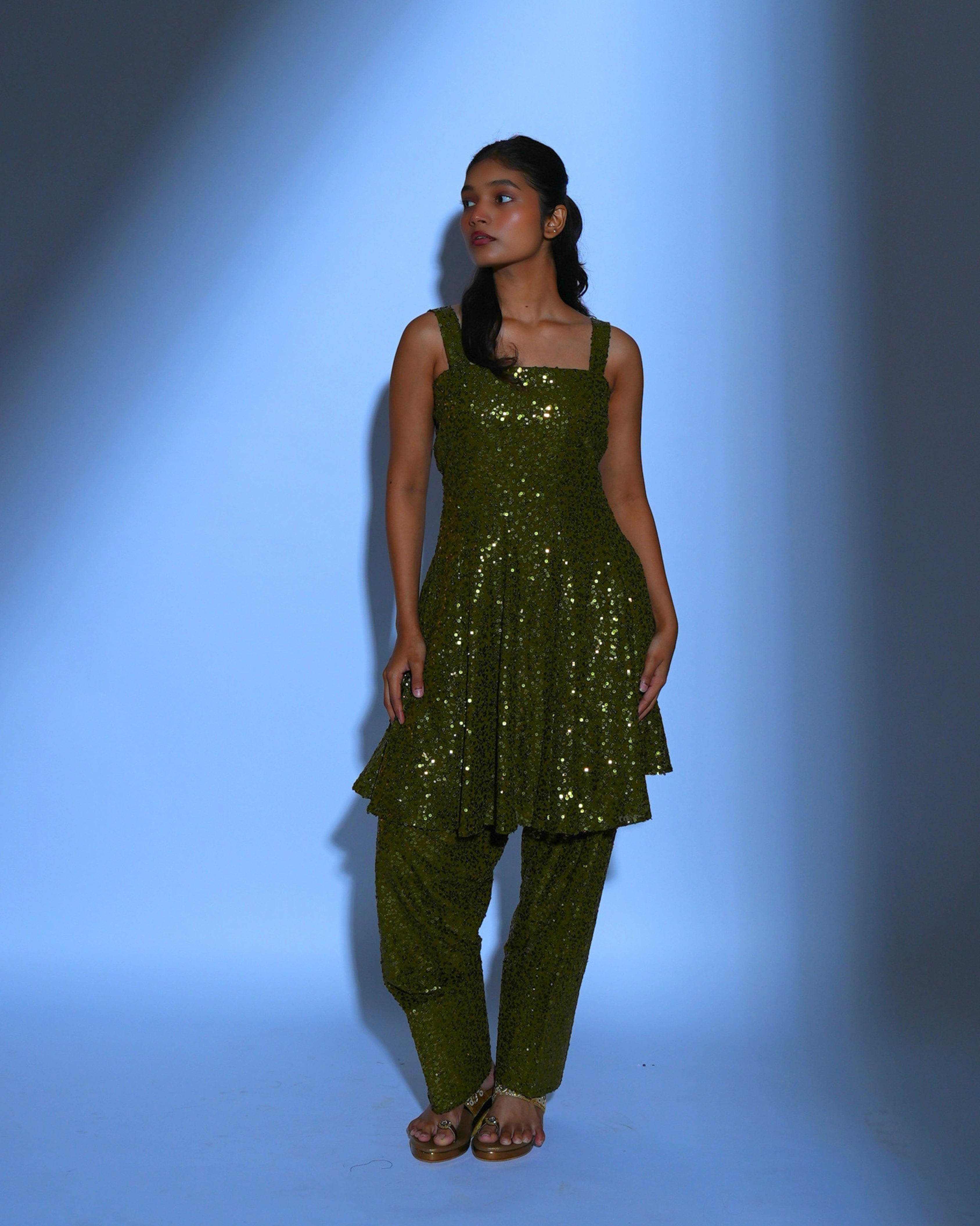 Olive Green Georgette Salwar Suit with All Over Sequin