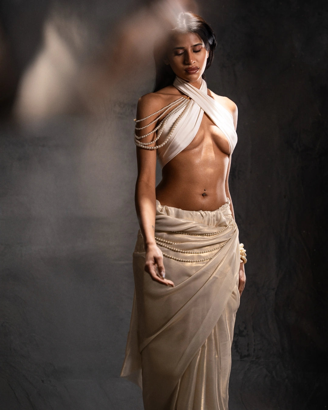 White Silk Diamond-Embellished Draped Halter Top with Fluid Ivory Skirt