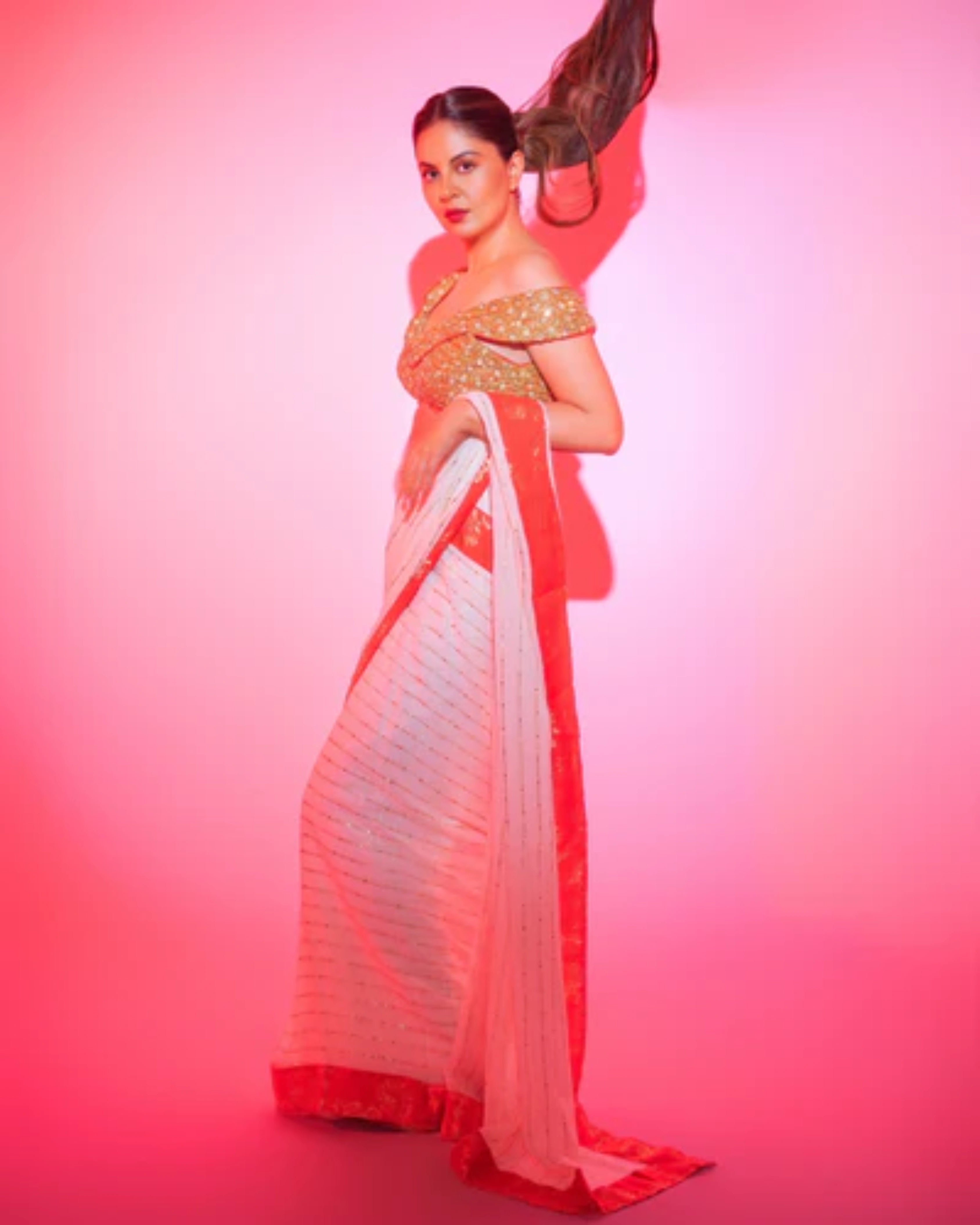 White Georgette Pre-Draped Saree with Red Banarasi Border and Fully Hand Embroidered Blouse