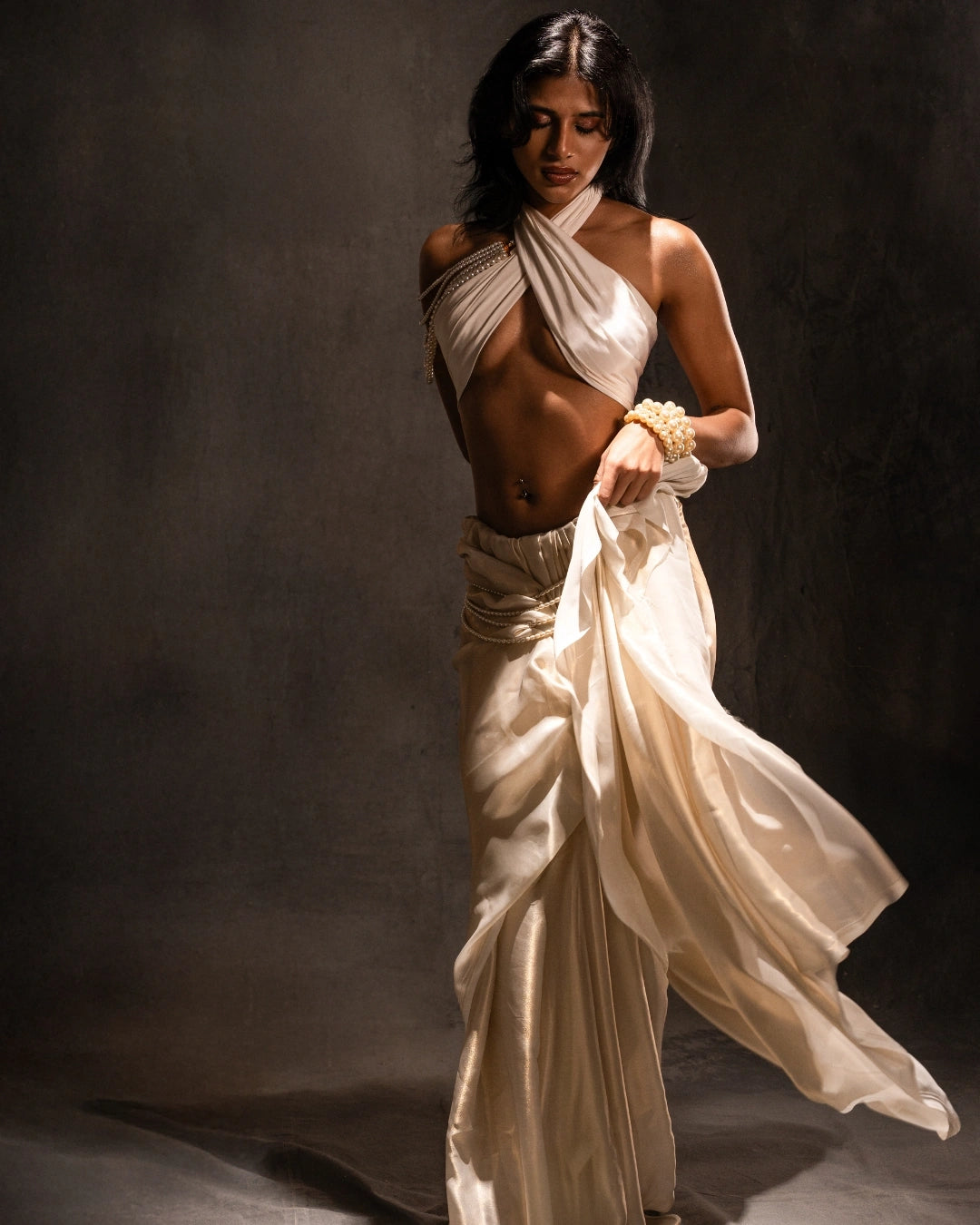 White Silk Diamond-Embellished Draped Halter Top with Fluid Ivory Skirt