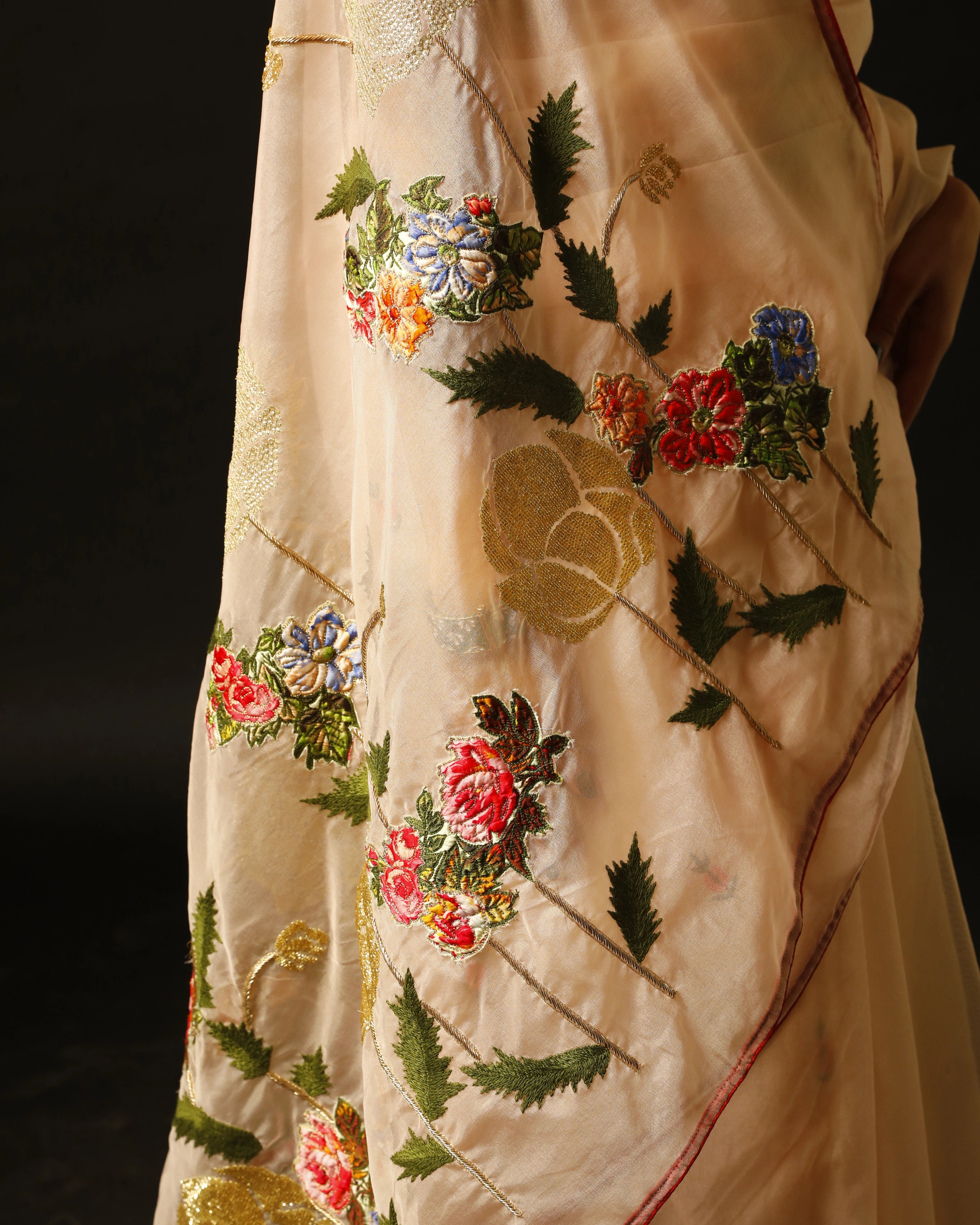 Peach Pink Saree with Multicolor Floral Hand Embroidery and Big Gem Stone Work Blouse