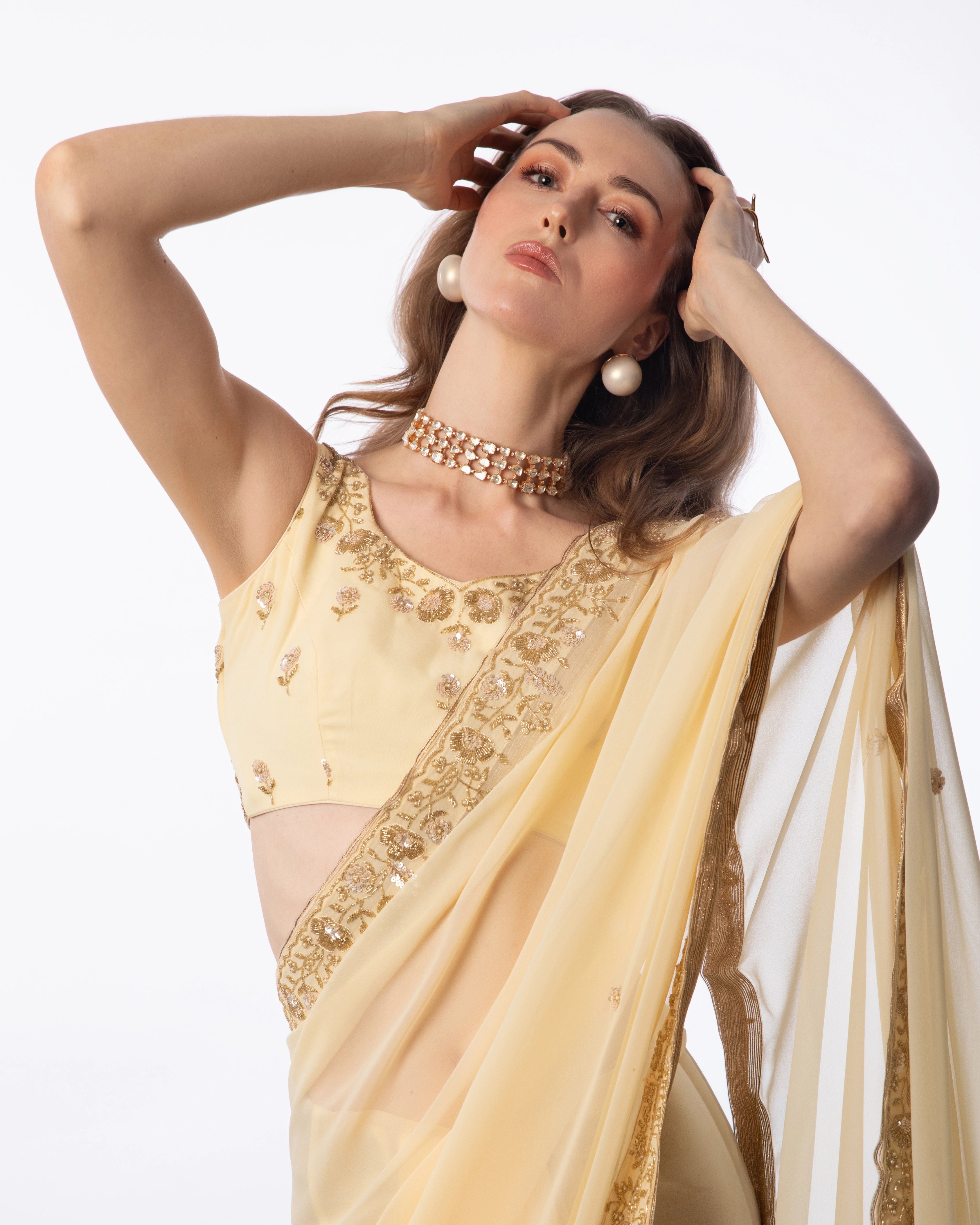 Yellow Hand Embroidered Georgette Saree and Matching Floral Embroidered Blouse