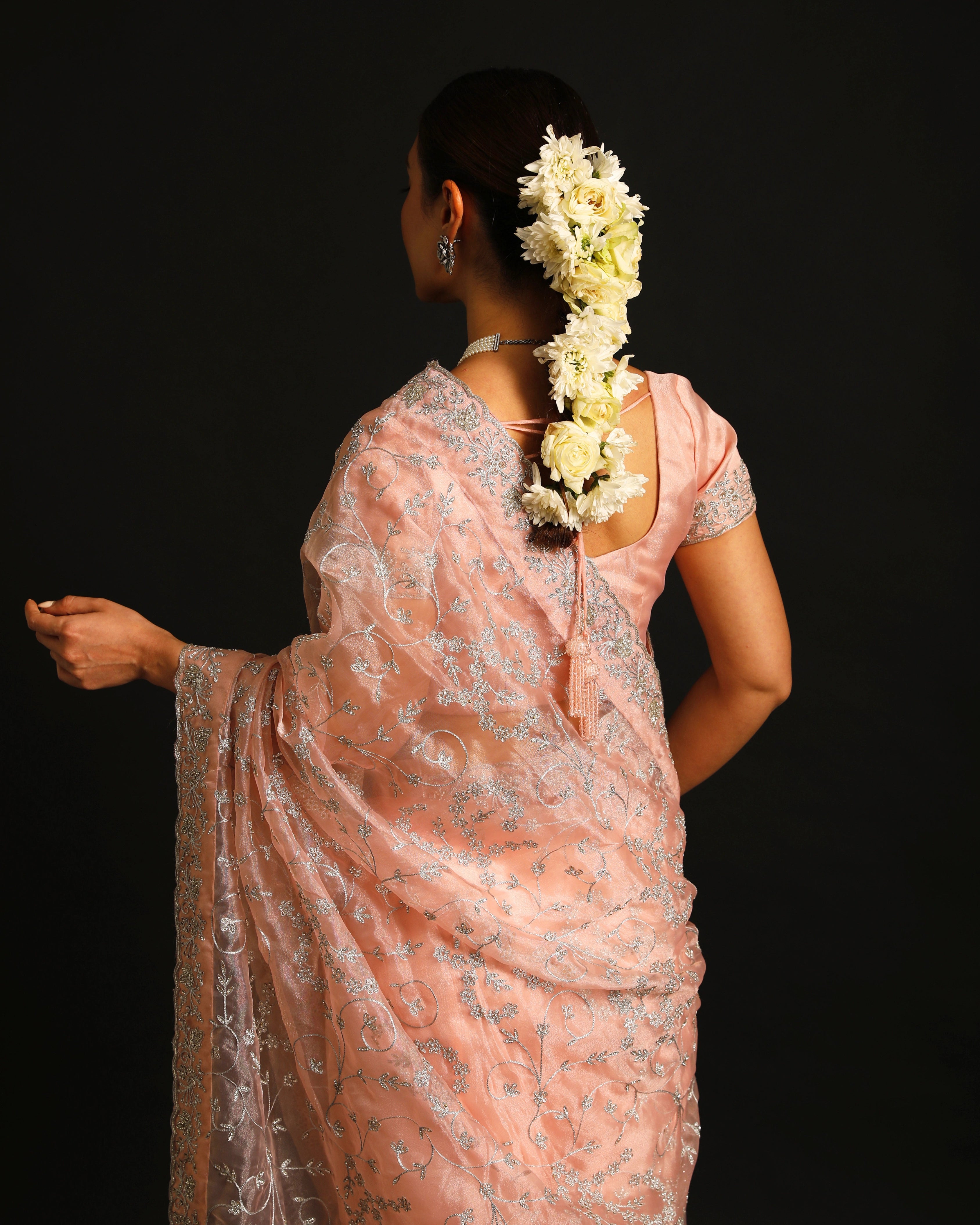 Blush Pink Organza Silk Saree with All-Over Hand Embroidered Silver Floral Jaal