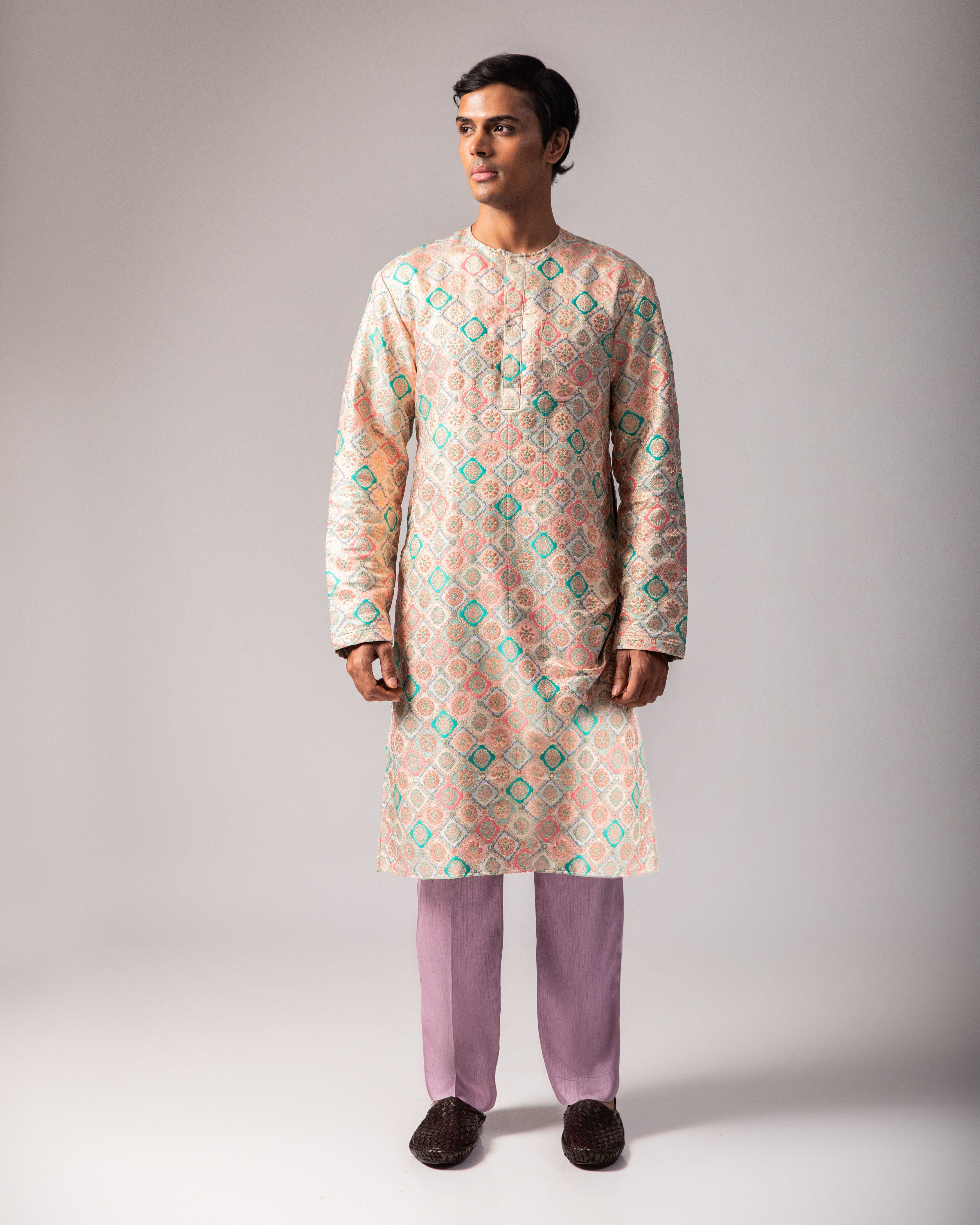 Pastel Brocade Kurta Set with Silk Straight Trousers