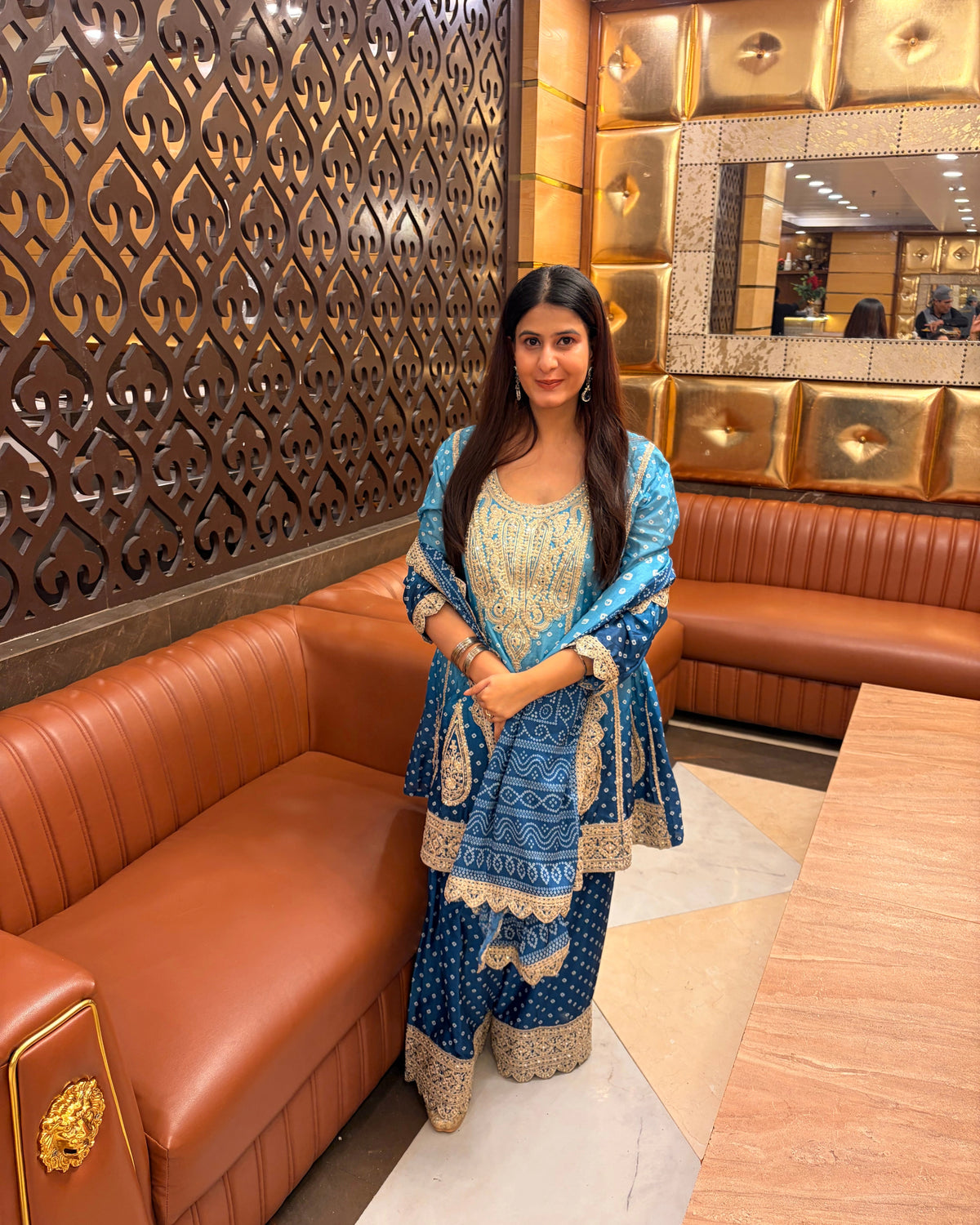 Blue Silk Salwar Kameez with Bandhani Print and Mirror Embroidery
