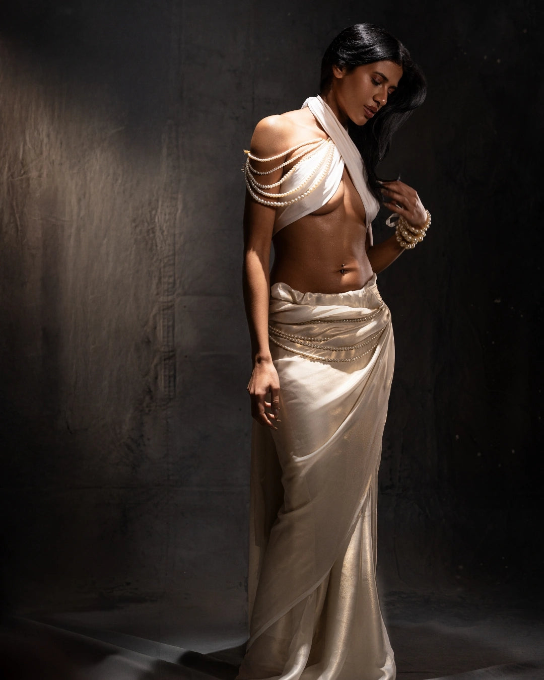 White Silk Diamond-Embellished Draped Halter Top with Fluid Ivory Skirt