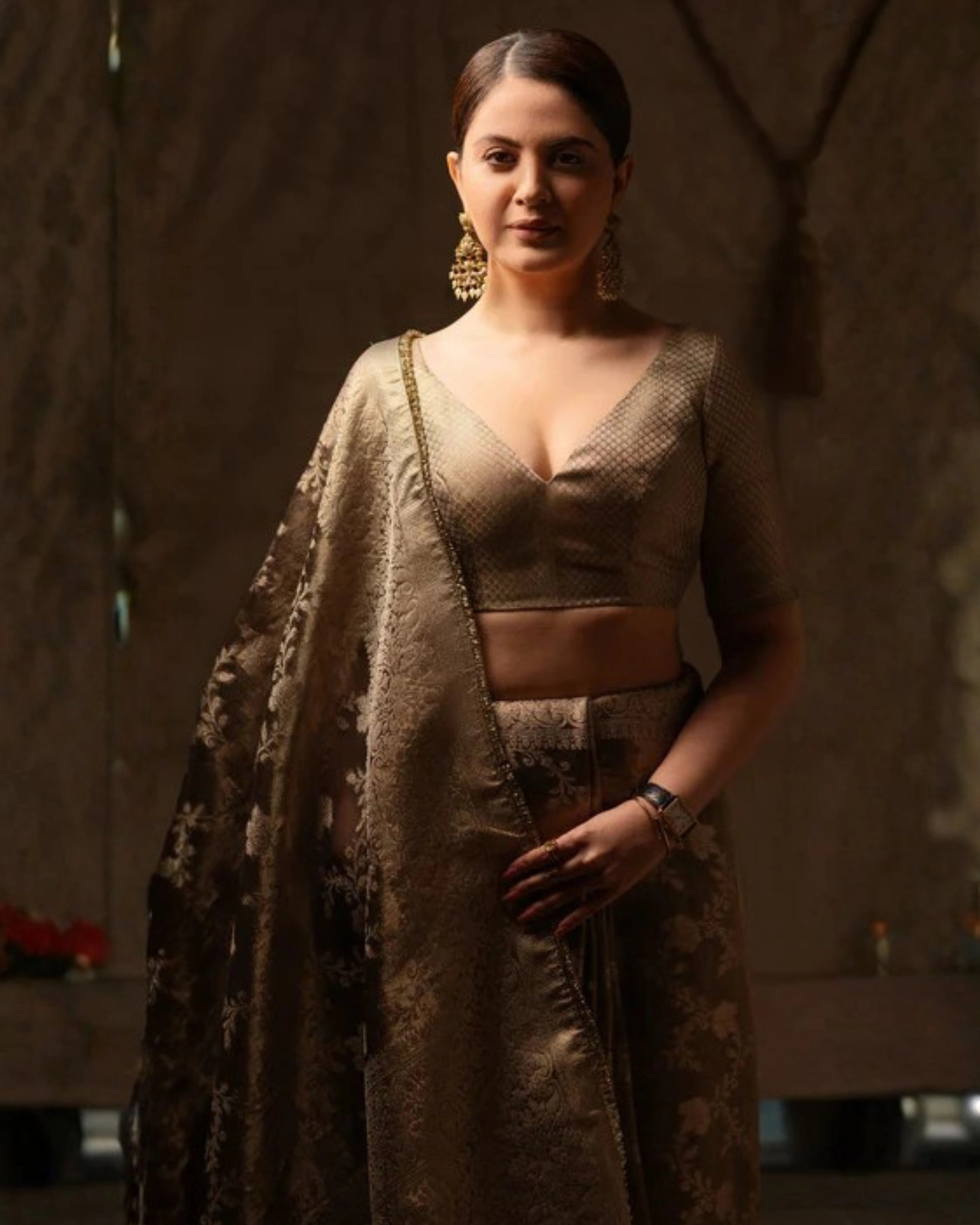 Grey Banarasi Silk Saree with Pure Gold Zari Floral Weaving and Matching Checked Blouse