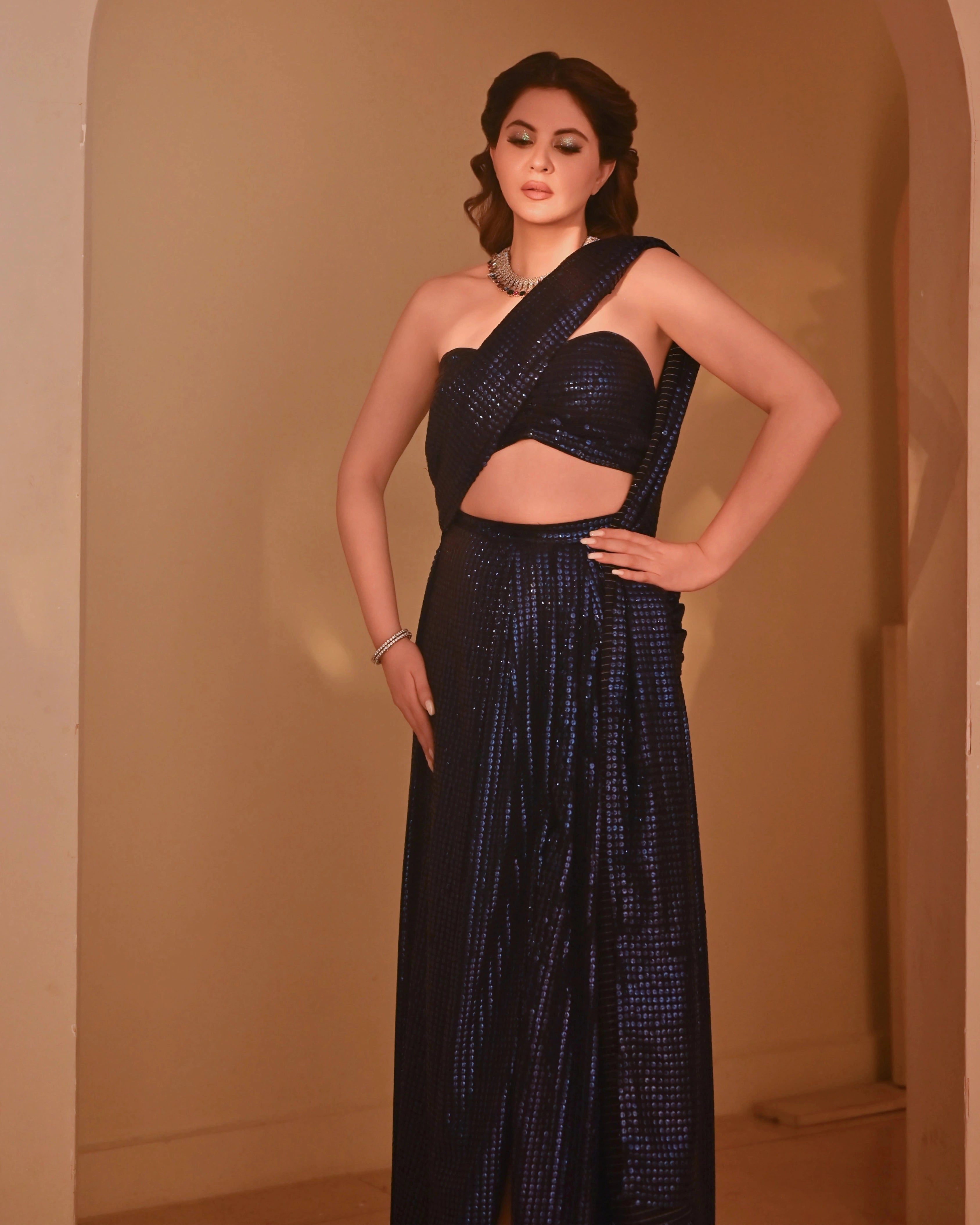 Royal Blue Georgette Saree with All-Over Sequin Work and Matching Blouse