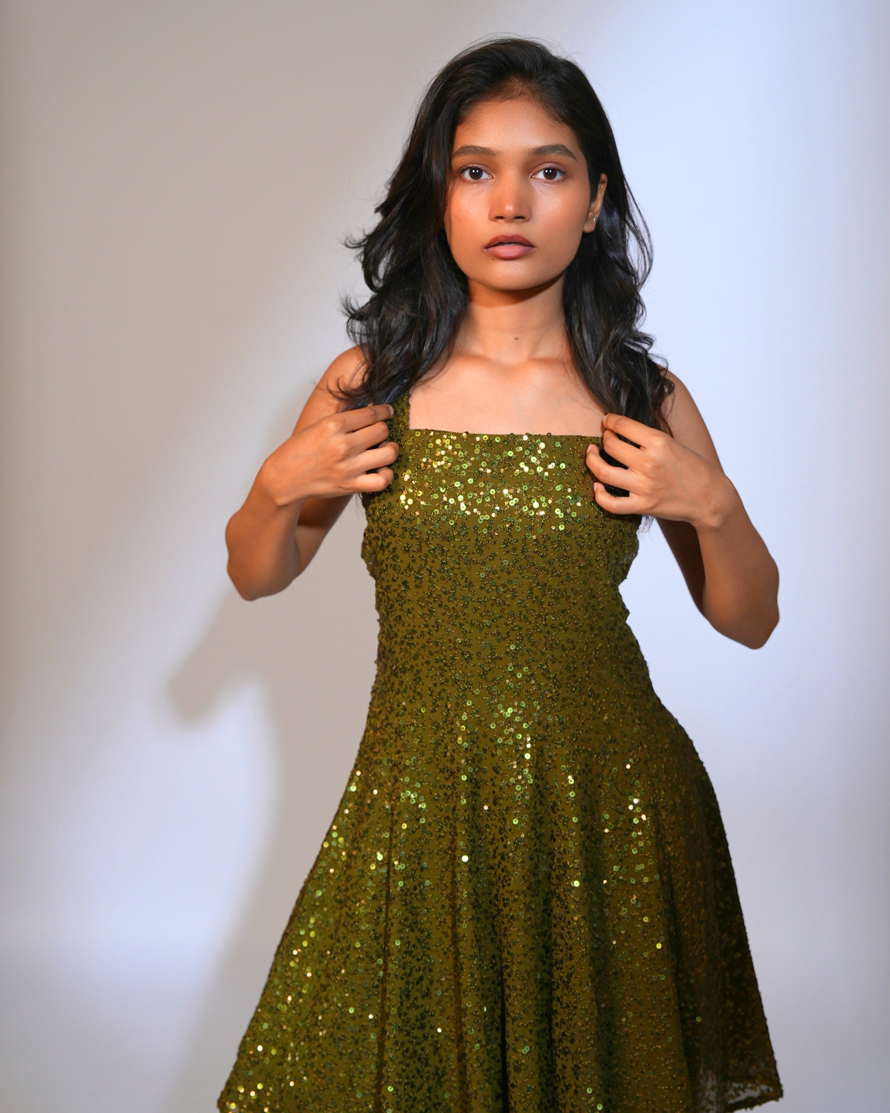 Olive Green Georgette Salwar Suit with All Over Sequin
